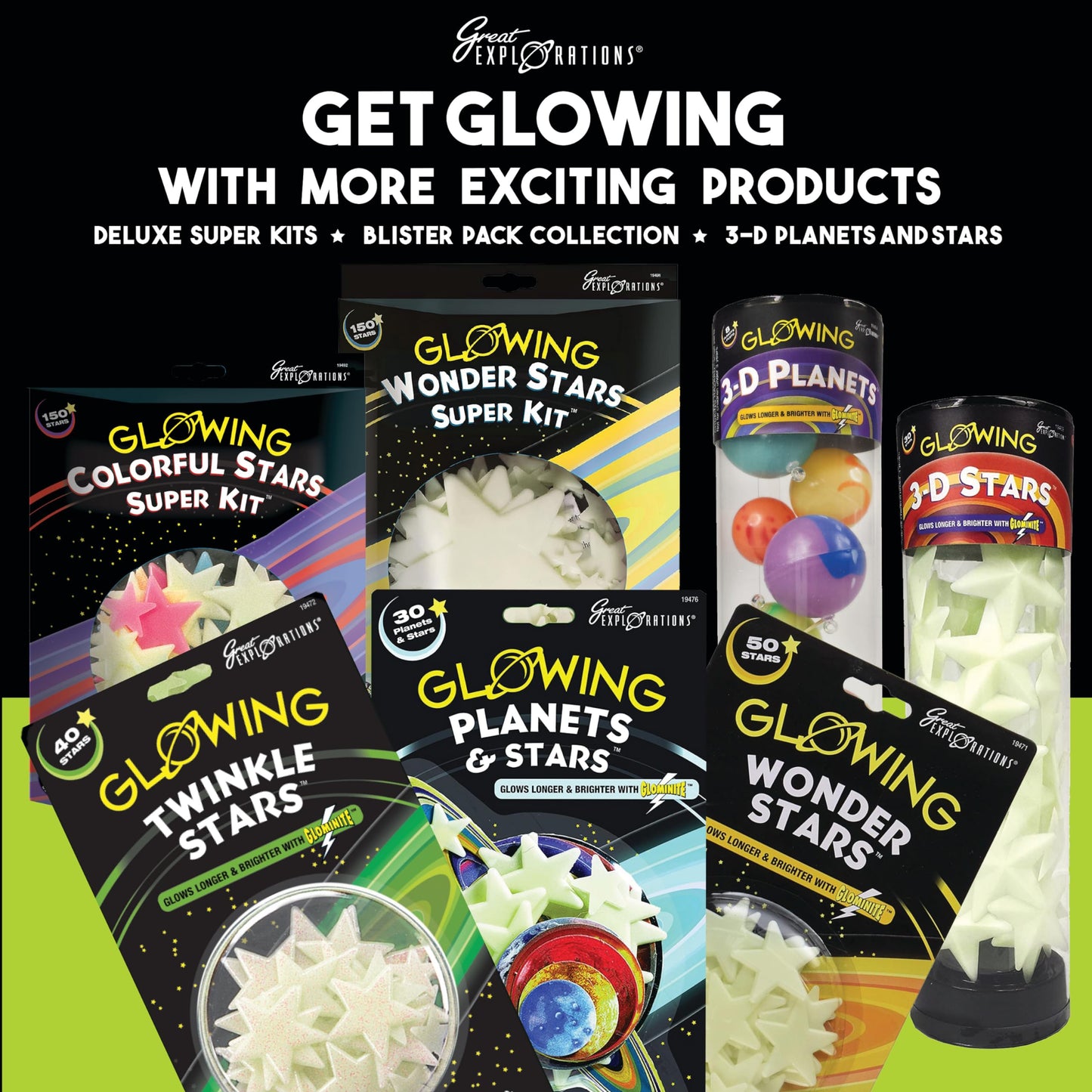 Great Explorations: Wonder Stars Super Kit, Glow In The Dark Ceiling Stars. 150 Pieces In 4 Sizes Reusable Sizes