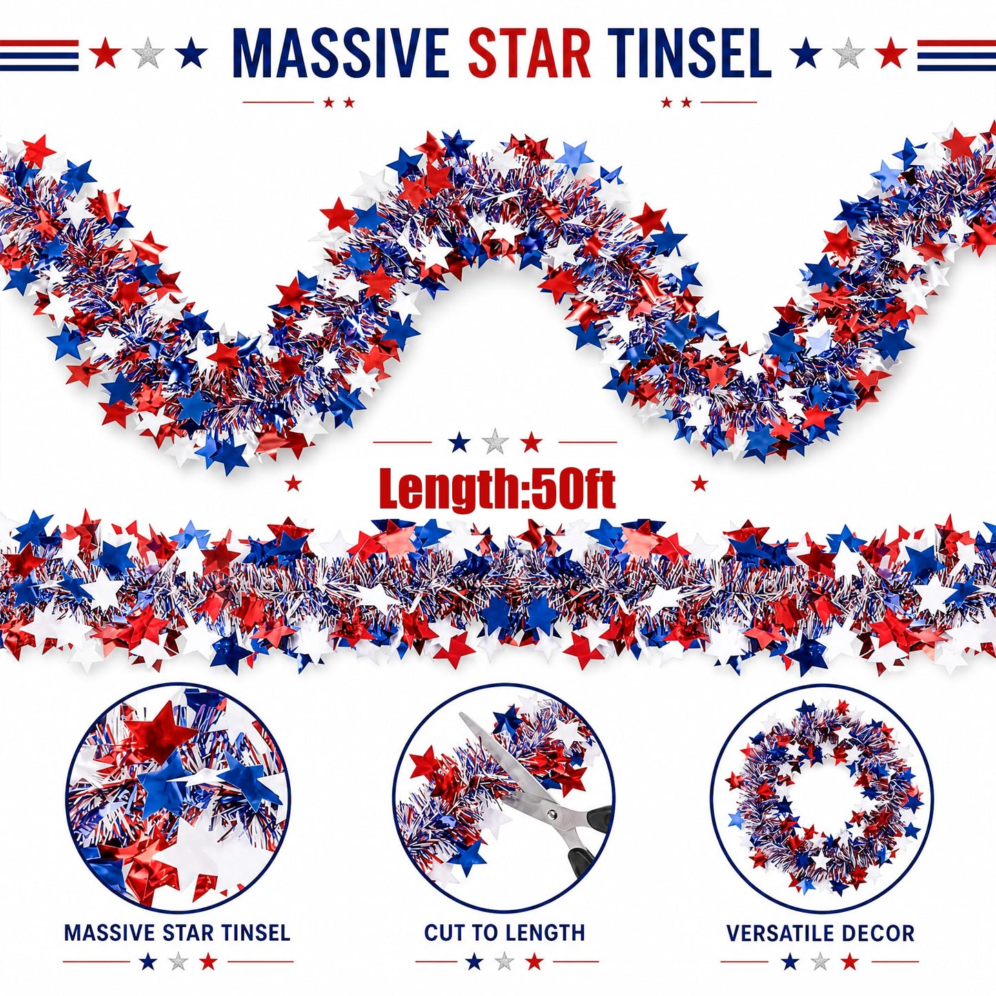 50ft Patriotic Star Tinsel Garland, Tinsel Banner for USA 250th Anniversary July 4th Decorations