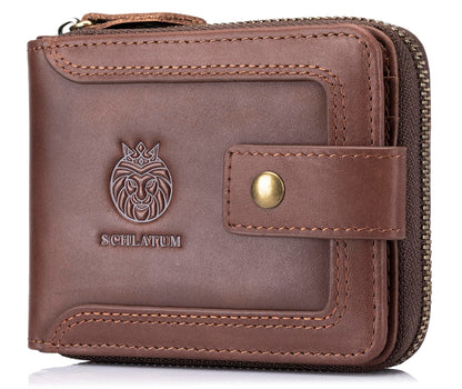 SCHLATUM Genuine Leather Zipper Wallet for Men RFID Blocking Large Capacity Vintage Wallet with Coin Pocket ID Window, Coffee