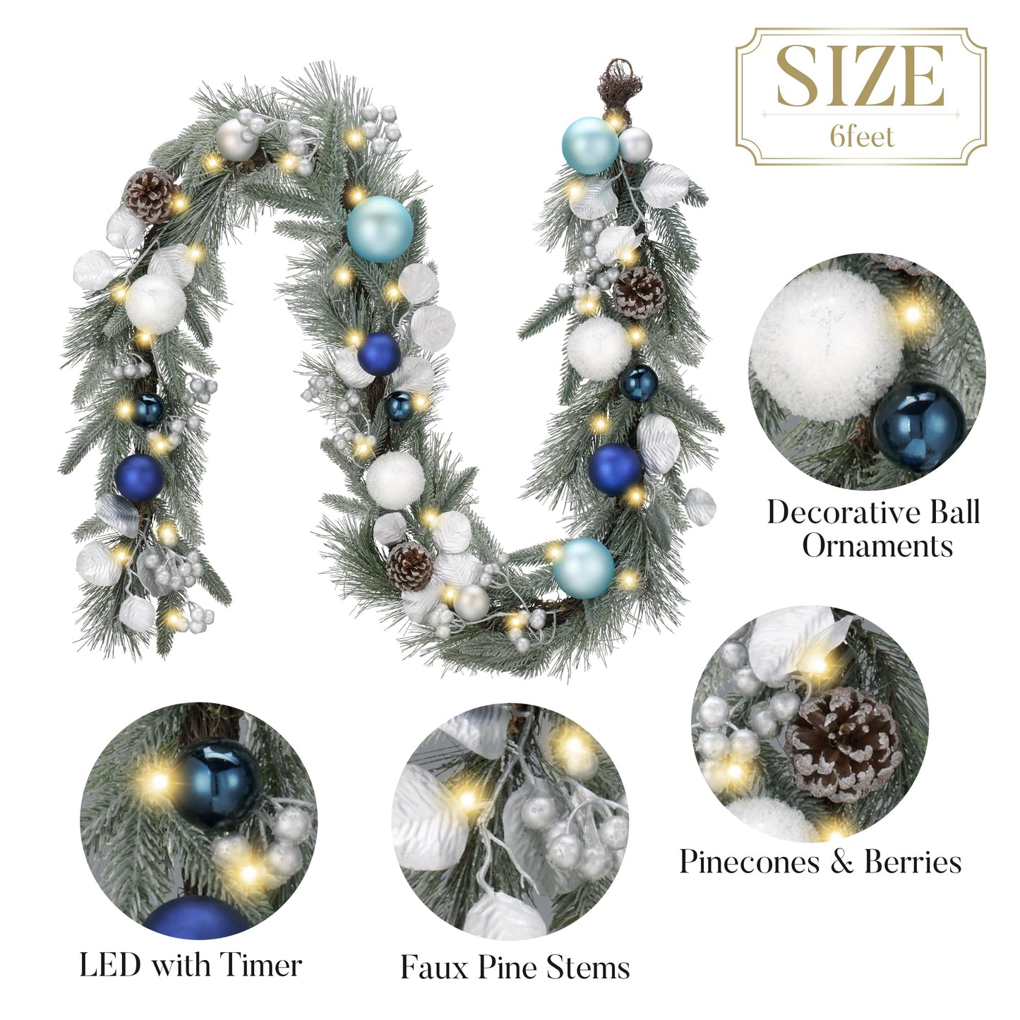 Valery Madelyn 6 Ft Pre-Lit Christmas Garland with Lights for Mantle, Lighted Outdoor Xmas Garland with Silvery Blue Balls Norfolk Pine for Home Stairs Fireplace Table Centerpiece Indoor Holiday Decor
