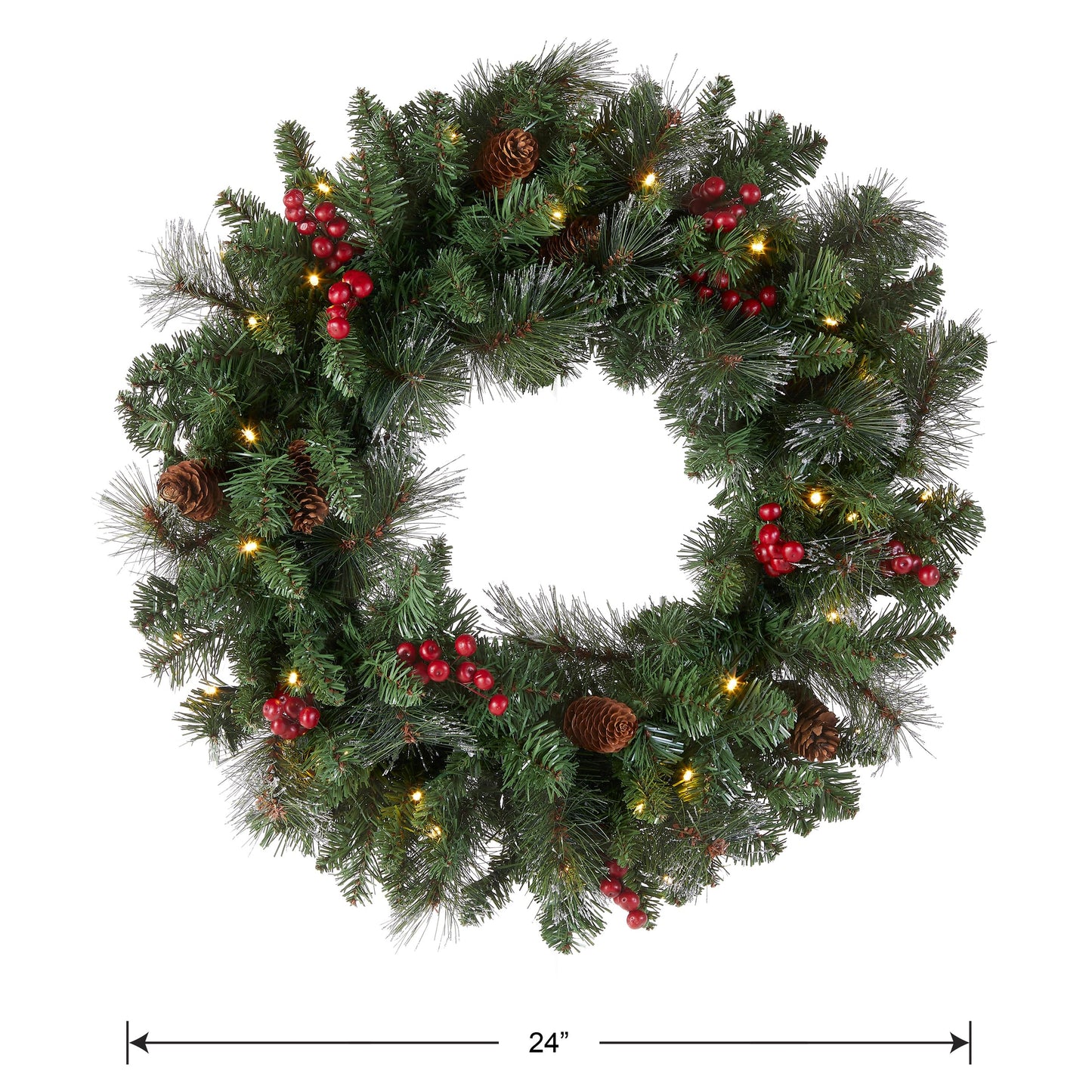 National Tree Company 24 in Pre-Lit Crestwood Spruce Artificial Christmas Wreath, Christmas Decoration with Glitter, Pinecones, Red Berries, 50 Warm White LED Lights, 160 Tips, Timer, Green