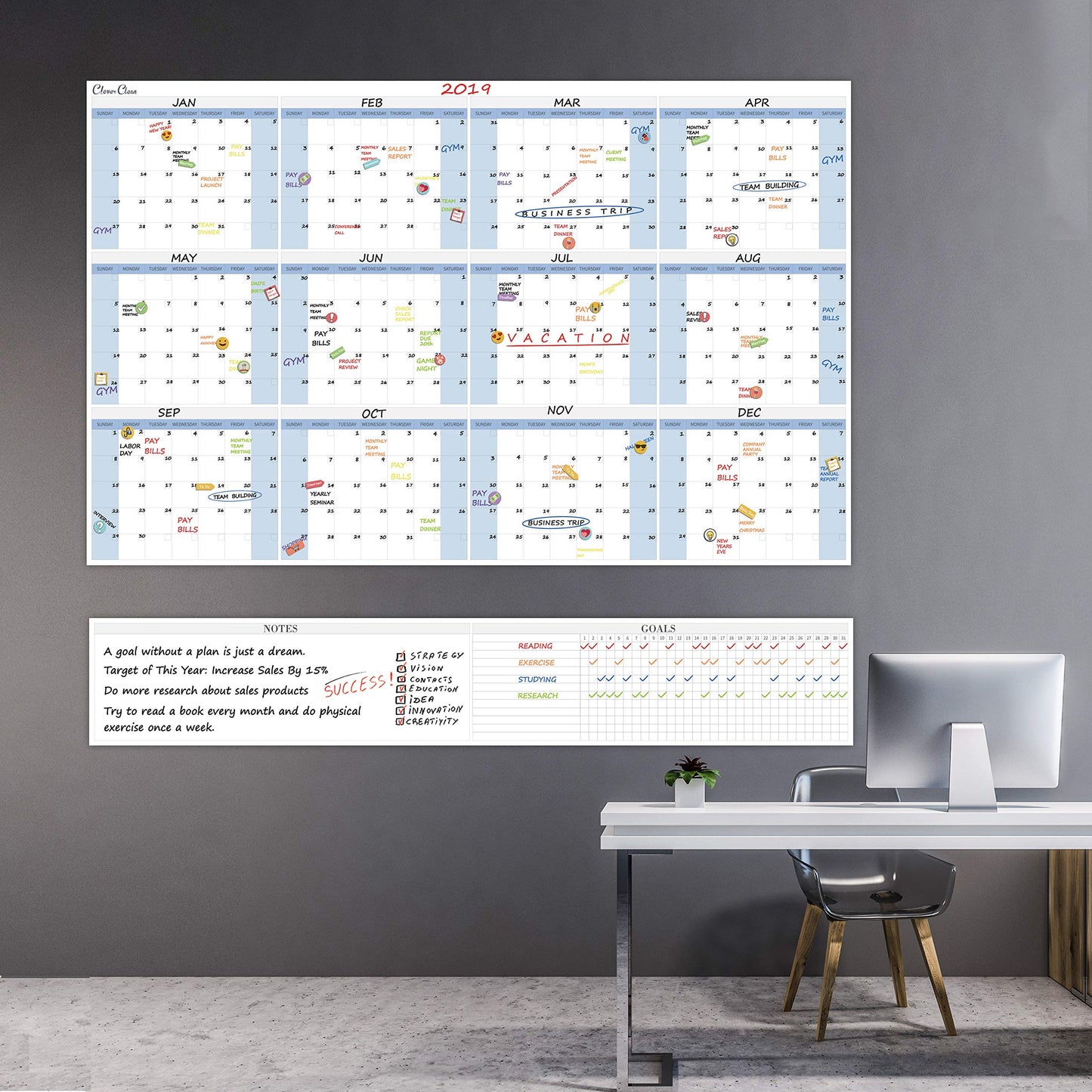 CLEVER CLEAN Large Dry Erase Wall Calendar 5 Feet- 48"x60" 2026 Undated Yearly Planner for Home, Office, School Projects - Jumbo Erasable Laminated Task Organizer