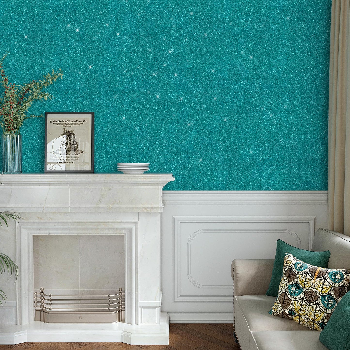 VaryPaper Teal Glitter Wallpaper Stick and Peel Decorative Glitter Contact Paper for Cabinets Craft Removable Self Adhesive Sparkle Teal Wall Paper for Girls Bedroom Accent Wall Covering 15.7''x78.7''