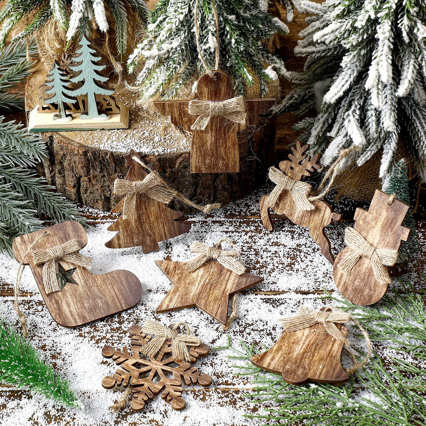 Lineshading 8 Pcs Rustic Christmas Tree Ornaments Wooden Farmhouse Ornaments Angle Snowflake Reindeer Tree Hanging Decor for Fireplace Xmas Home Office (Cute Style)