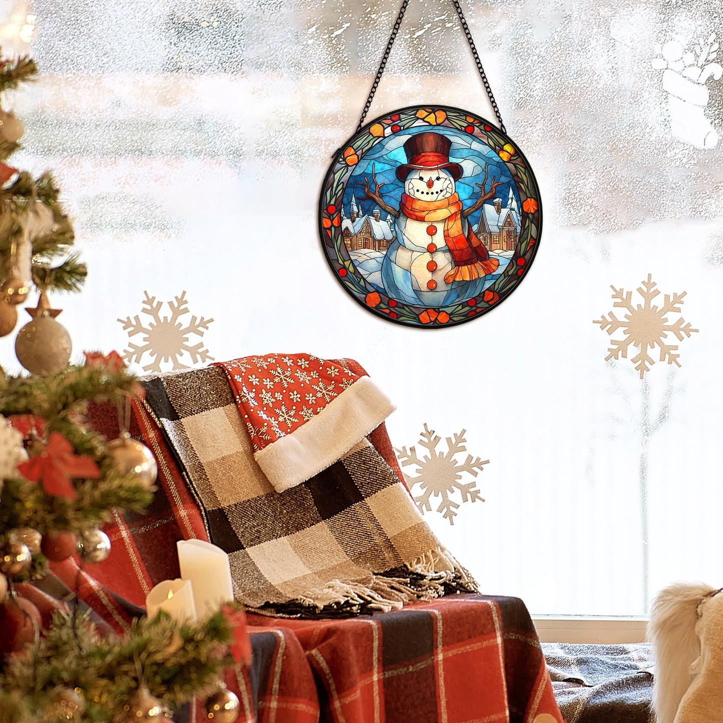 cvjutf Christmas Snowman Suncatcher Stained Glass Window Hanging Decor, Winter Snowman Stained Glass Wall Decor, Christmas Garden Sun Catchers Indoor Window Hanging Wall Art, 7.9x7.9In