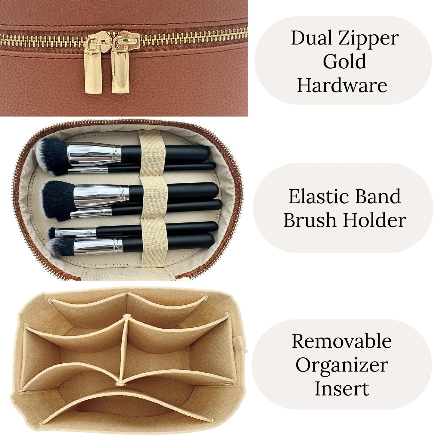 JAZD Vanity Case Makeup Bag with Removable Organizer Divider, Travel Toiletry Cosmetic Organizer for Women (BROWN)