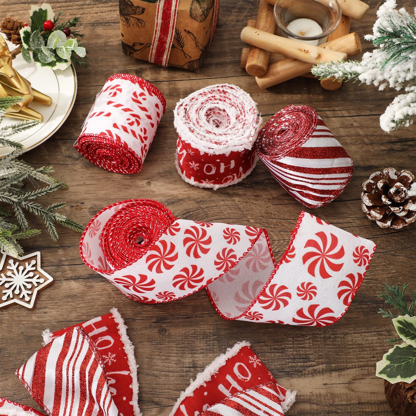 JarThenaAMCS Christmas Wired Edge Ribbon Peppermint Candy Craft Ribbons Pink White Candy Cane Stripe Fabric Ribbon for Wreath Bow DIY Wrapping Party Decor, 4 Rolls, 24 Yard