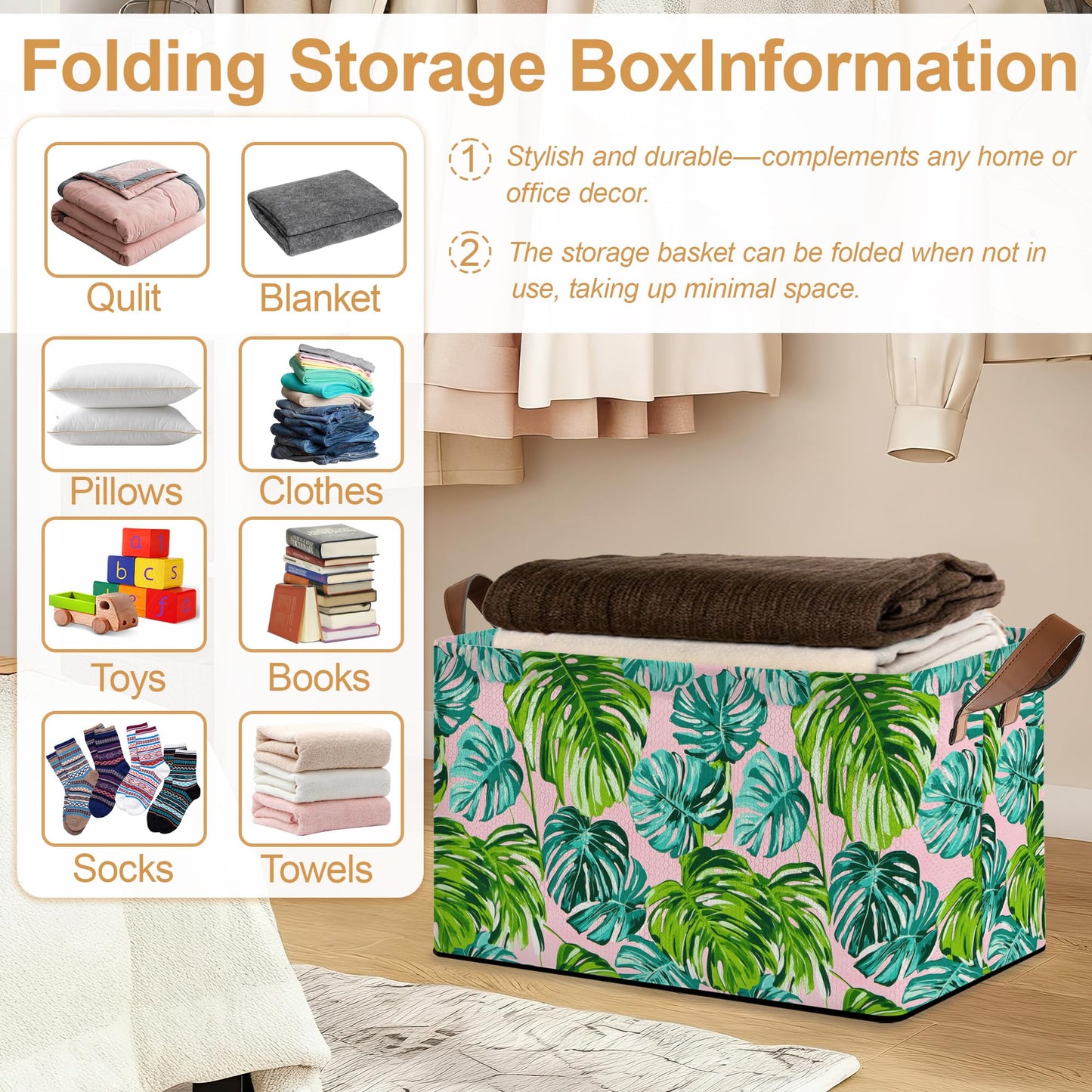 Oeaskly Palm leaves Storage Bins with Handles, Oxford Fabric Storage Basket with Sturdy Frame, Foldable Closet Organizer for Clothes Towels Blankets Shelf Storage
