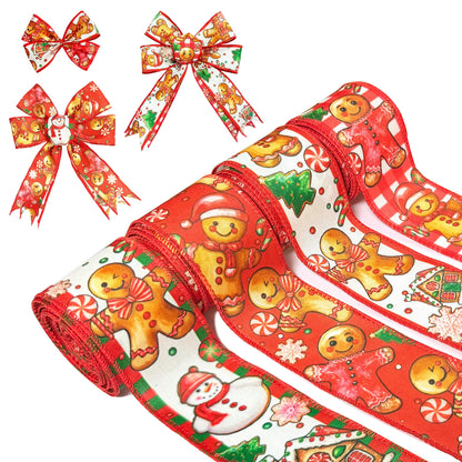 4 Rolls 24 Yards Red Christmas Wired Ribbon, Gingerbread Man, Snowman Snowflake Ribbon Christmas Swirl Burlap Gift Wrapping Line for DIY Craft Bow Garland Decoration,2 Inch