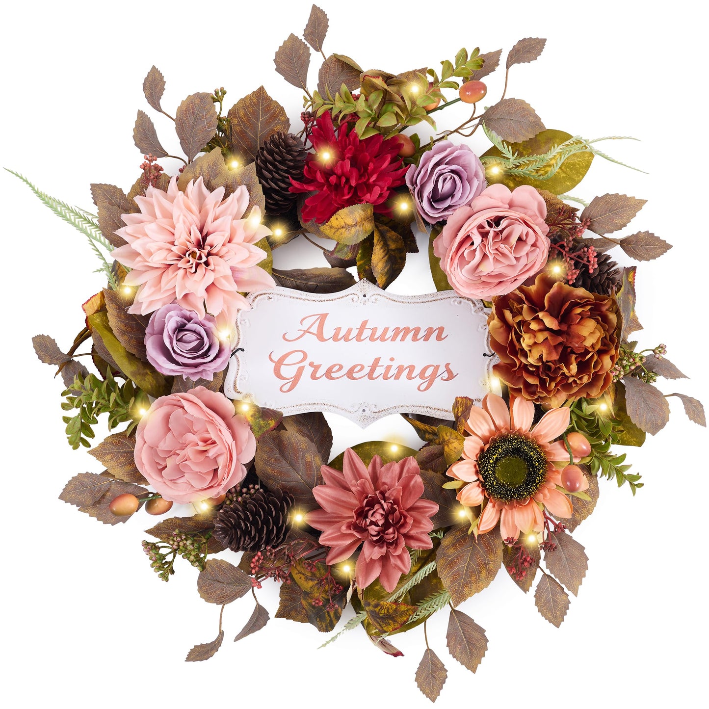 Valery Madelyn 24'' Collapsible Pre-Lit Flowers Fall Wreath for Front Door