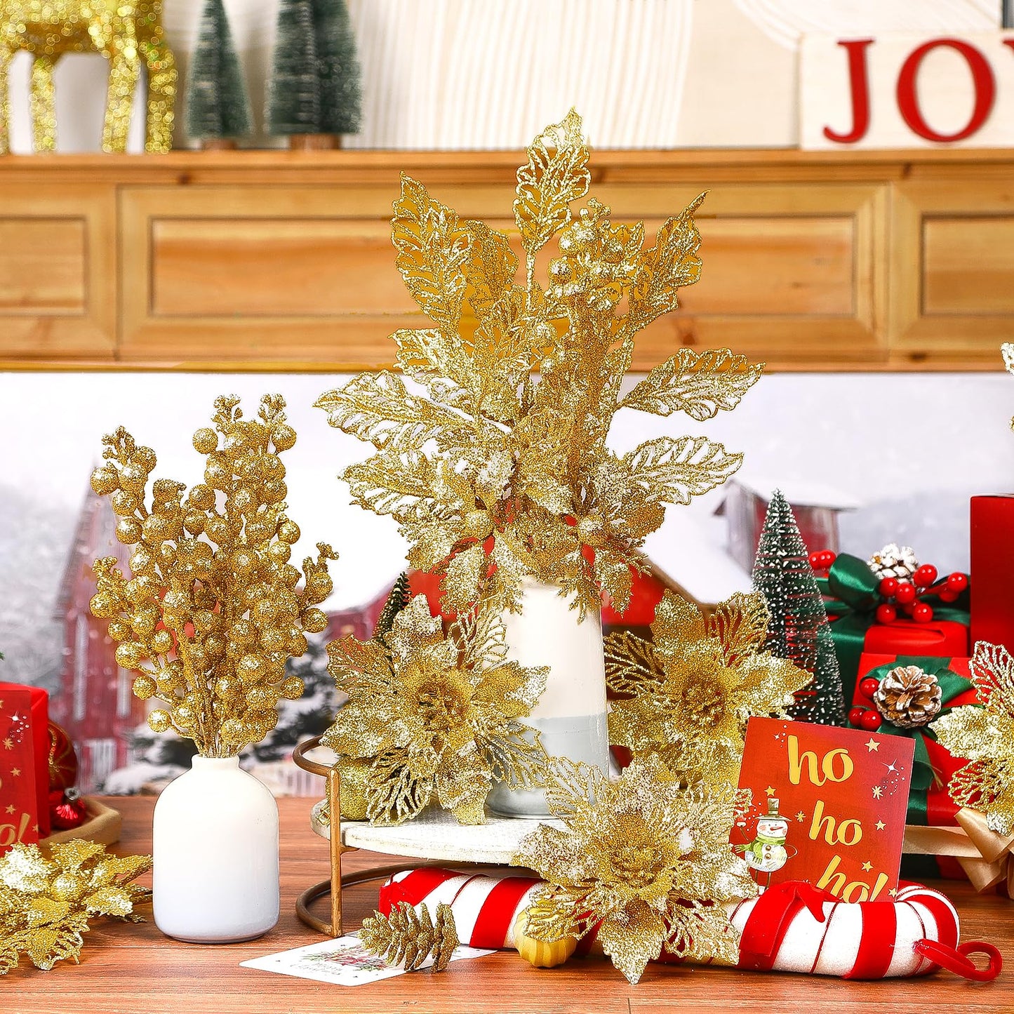 Alupssuc 24 PCS Christmas Tree Decorations, 12 PCS Poinsettia Flowers Artificial+6 PCS Glitter Holly Berry Stems+6 Berry Leaves Christmas Tree Picks for Party Wreath Fireplace, Gold