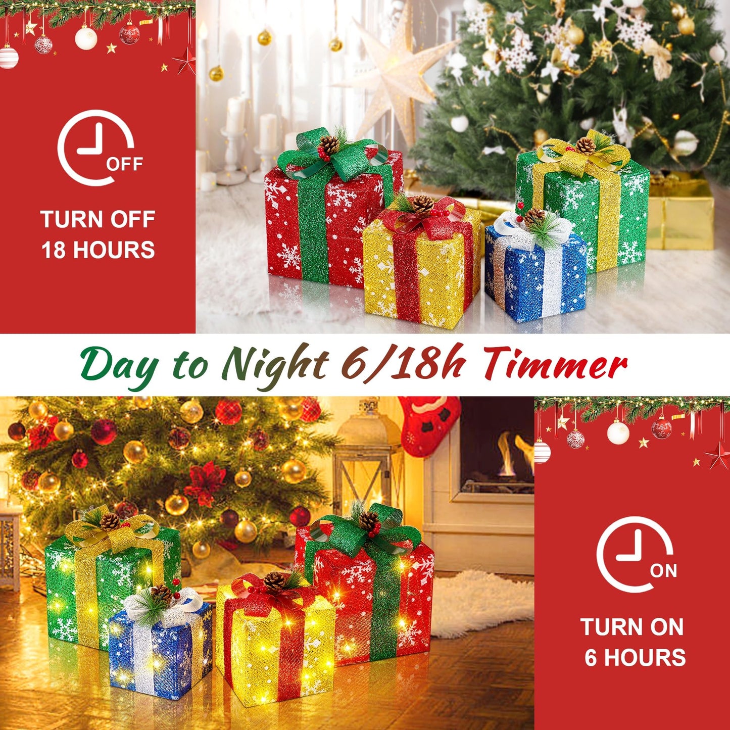 Set of 4 Christmas Lighted Gift Boxes with Plug, Pre-lit LED Light Up Present Boxes for Xmas Tree Porch Decor, Christmas Decorations Indoor Outdoor