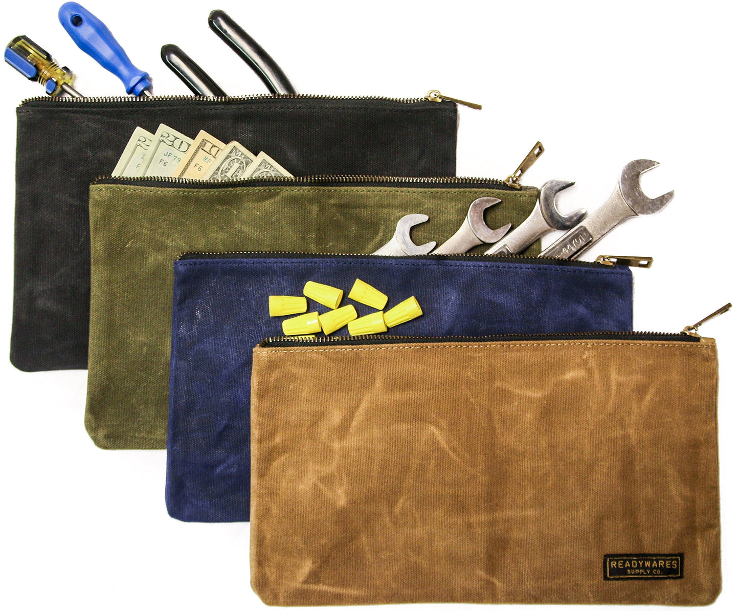 Readywares Waxed Canvas Zipper Pouch, Heavy Duty Canvas Tool Bags, 4 Colors: Tan, Olive, Navy, and Black, 12.5" x 7" - 4-Pack, Small Zipper Pouches for Organization