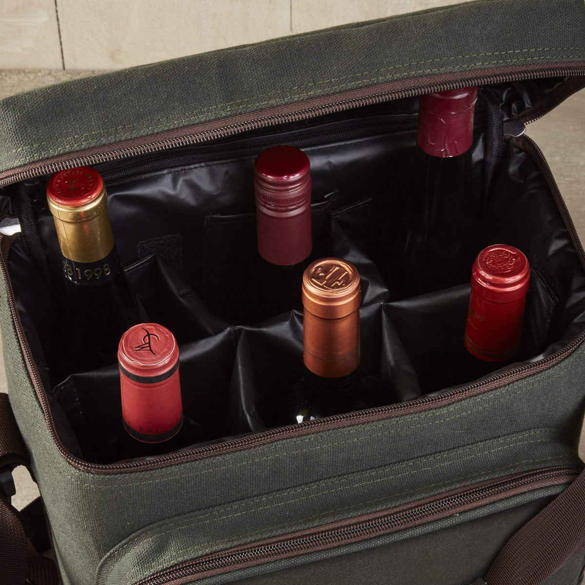 Wine Enthusiast 6-Bottle Waxed Canvas Wine Bag Tote Insulated Wine Carrier Cooler Travel & Picnics Holds Tall Bottles Includes Ice Pack Chilling Reusable Tote Bag for Wine Gifts & Outdoor Gatherings