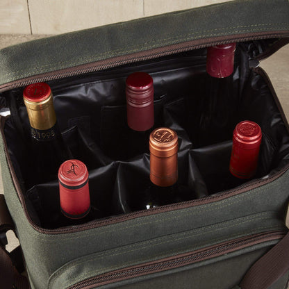 Wine Enthusiast 6-Bottle Waxed Canvas Wine Bag Tote Insulated Wine Carrier Cooler Travel & Picnics Holds Tall Bottles Includes Ice Pack Chilling Reusable Tote Bag for Wine Gifts & Outdoor Gatherings