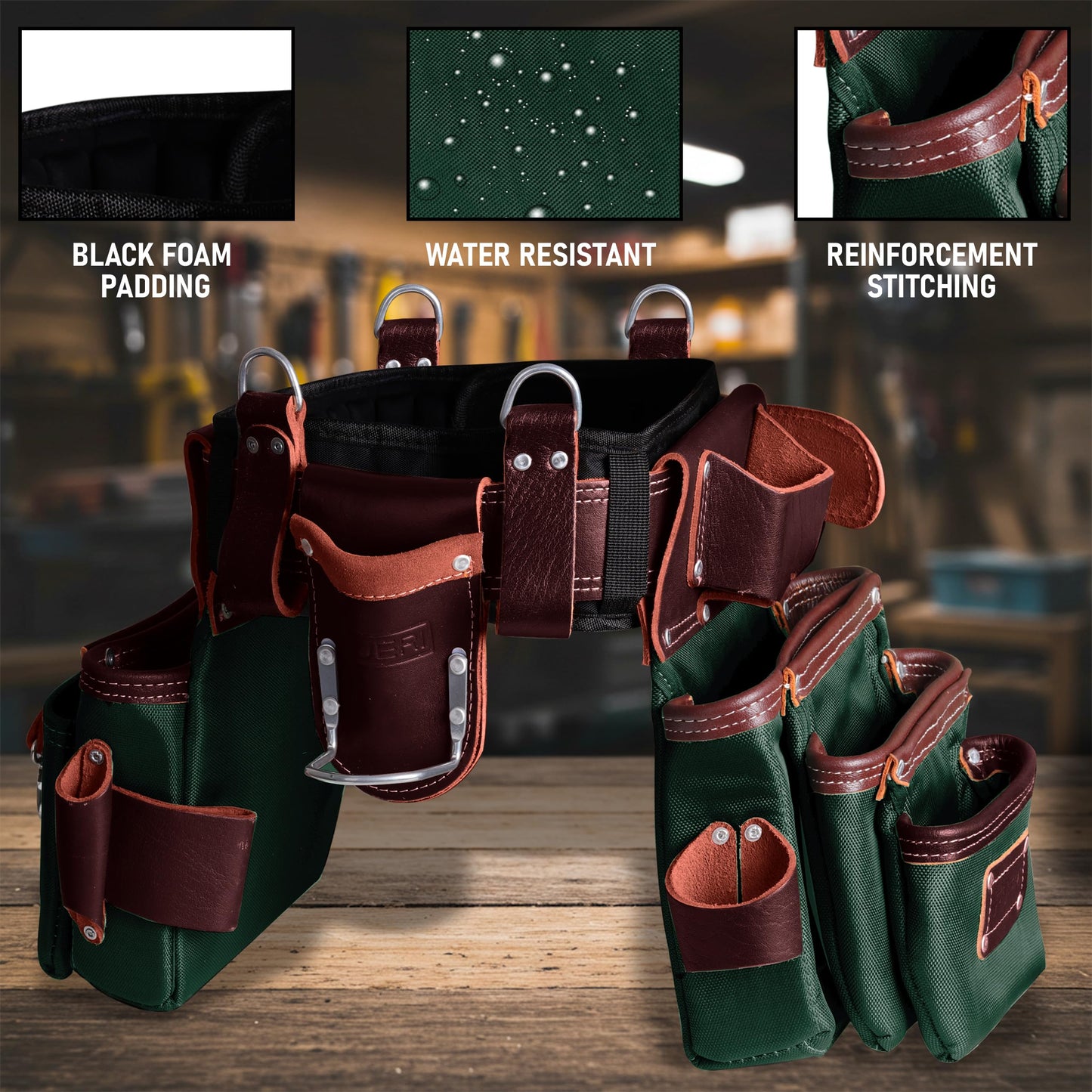 FUERI Electrician's Heavy Duty 26 Pocket Leather-Nylon Tool Belt & Suspender Combo, Comfort Back Support Padded Belt, 2 Large Storage Capacity Pouches, Best for Framers, Carpenter, Roofing