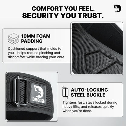 DMoose Fitness Weight Lifting Belt for Squats, Deadlift & Intense Workout - 6" Adjustable Fit Auto Lock Weightlifting Belt for Men & Women - Neoprene Gym Belts for Stability (Black 2.0)