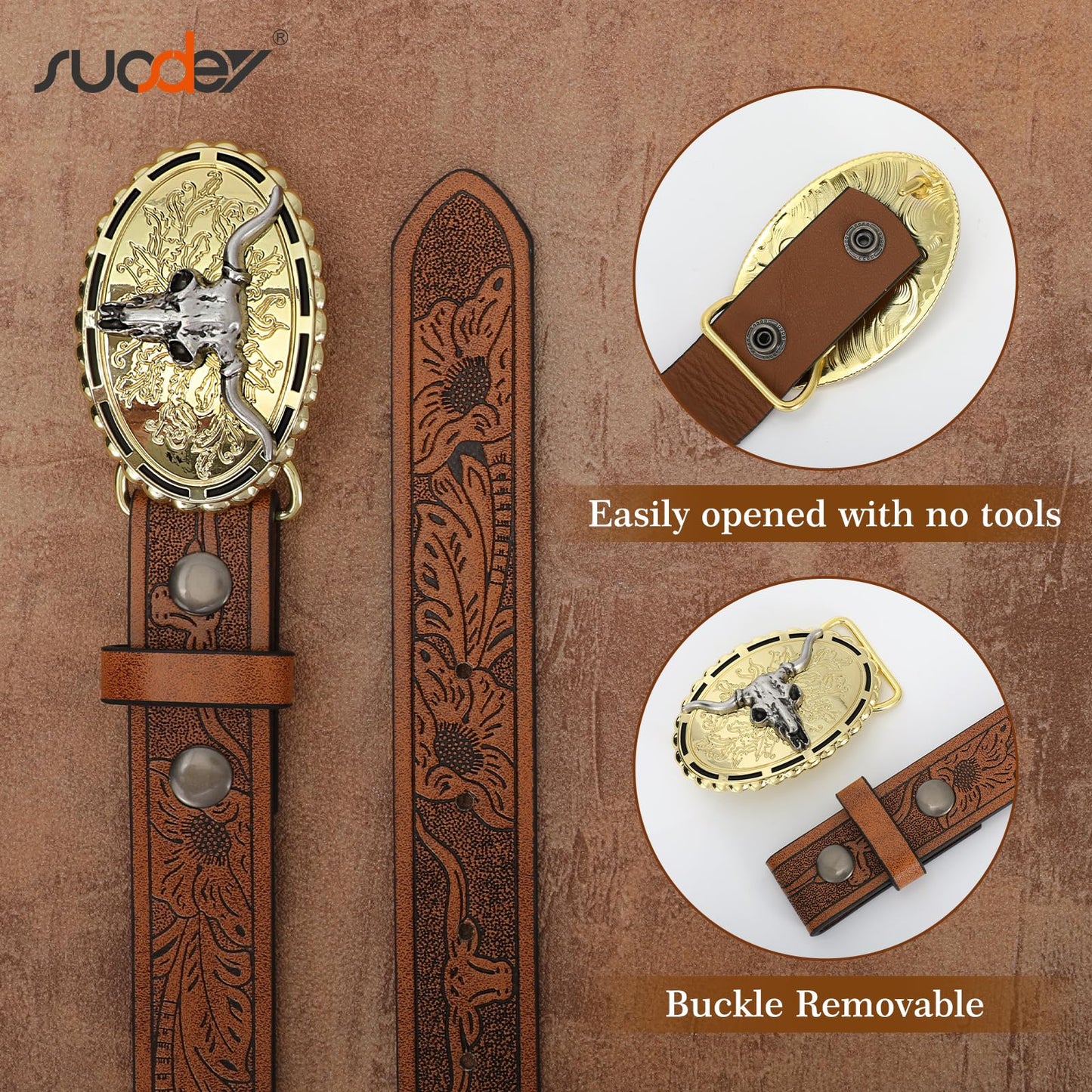 SUOSDEY Kids Western Cowboy Belt for Boys Girls,Toddler Cowgirl Embossed Leather Belt with Longhorn Bull Buckle