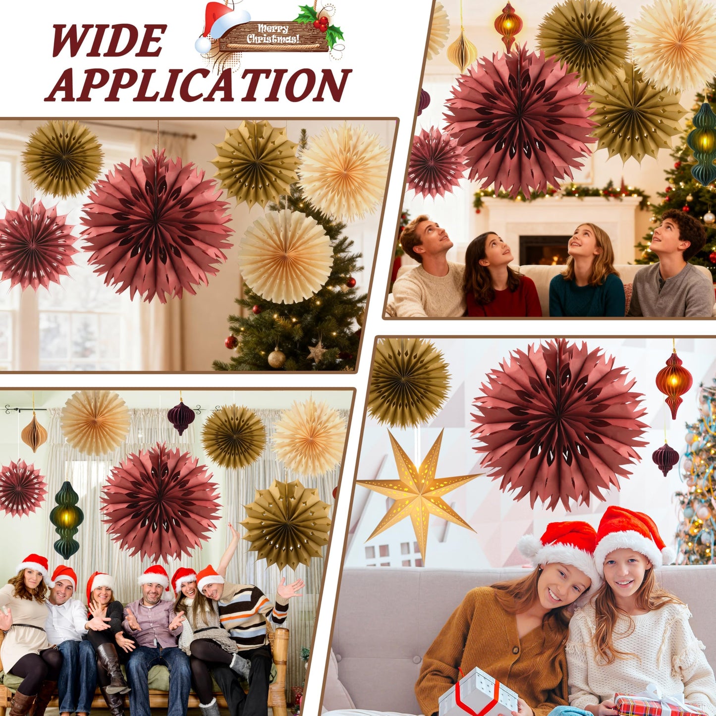 Christmas Hanging Decorations Set, 3D Paper Star Lanterns with Lights Paper Honeycomb Ornaments Snowflake Fans Decorative Hanging Ornamnets for Xmas Tree Frozen Winter Wonderland Holiday Party Decor