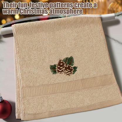 FuWeave 3 Pcs Rustic Pine Cone Hand Towels for Bathroom Christmas Decor, Pinecones Branch Embroidered Decorative Towels for Bathroom Kitchen Holiday Decor, 100% Cotton, 13.3 x 29.5''