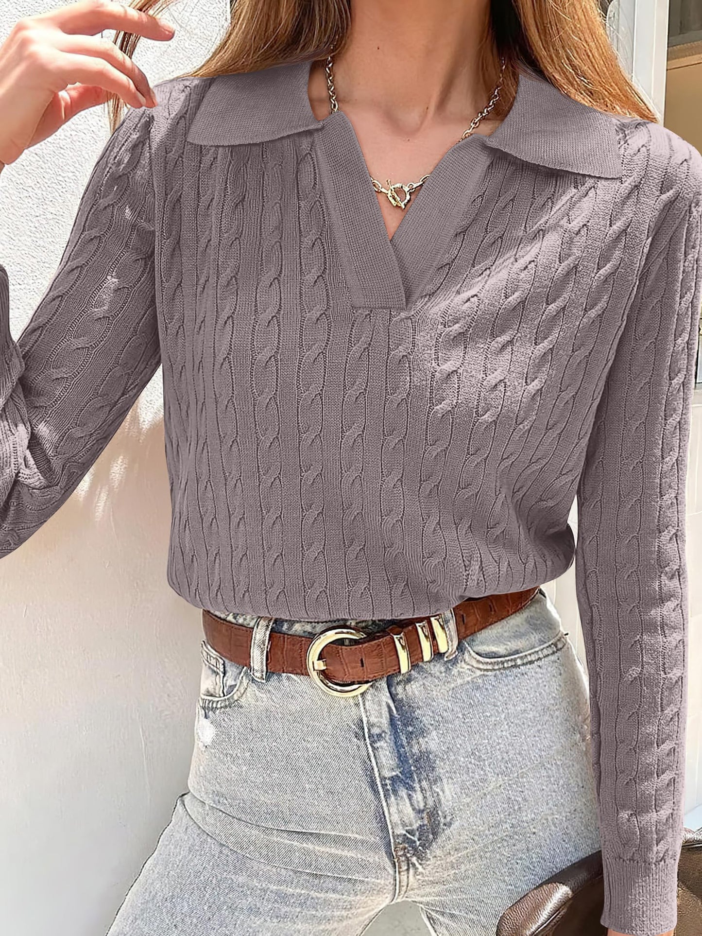 ANRABESS Womens Cable Knit Sweaters Long Sleeve V Neck Sweater Tops Casual Pullover Polo Shirts 2025 Fall Fashion Outfits