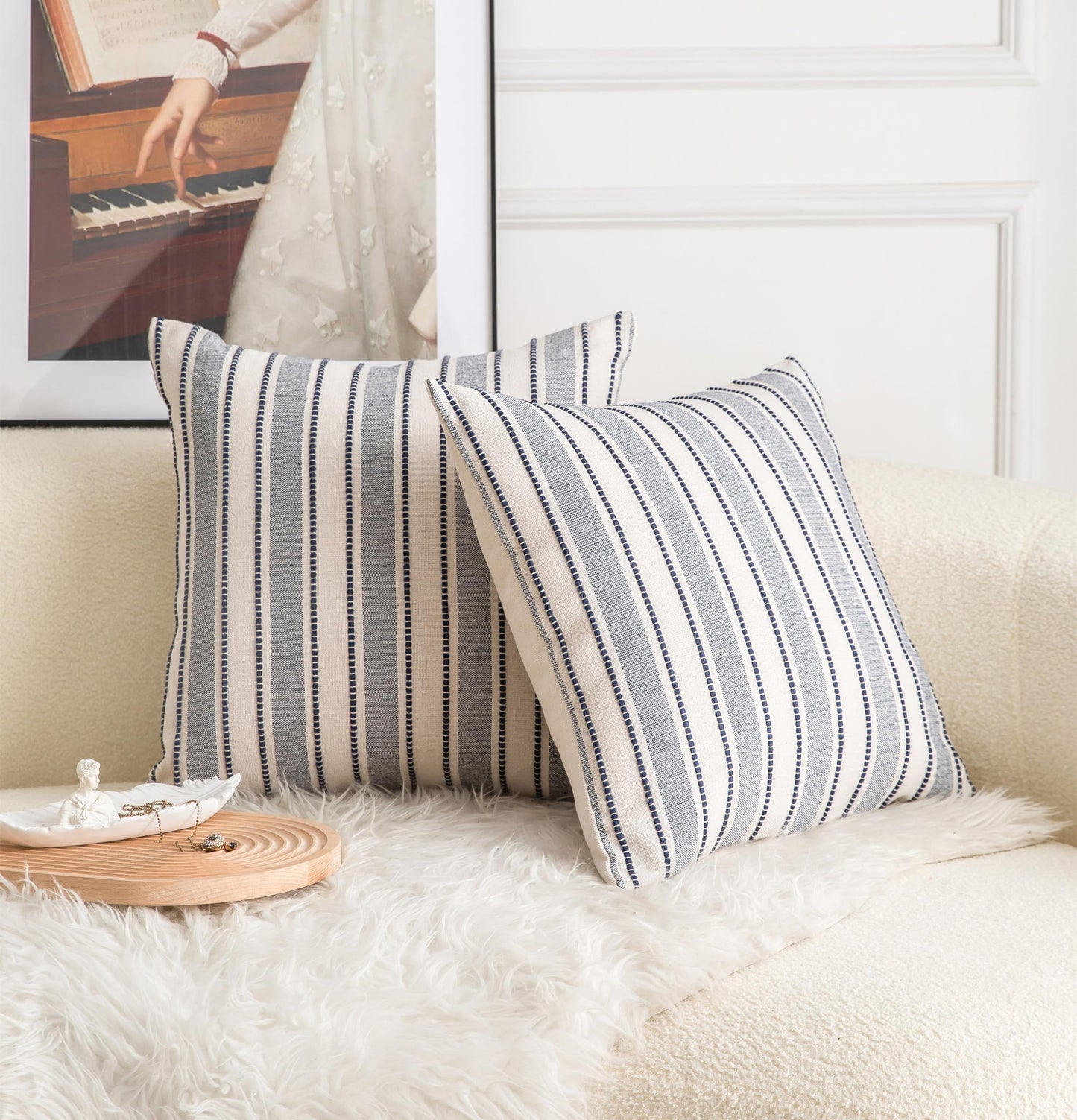 Cethom Decorative Boho Throw Pillow Covers, Farmhouse Textured Pillow Case, 20 x 20 Inch Set of 2, Chair Sofa Bedroom Living Room Decor Couch Cushion Case, Navy Blue and Beige Striped