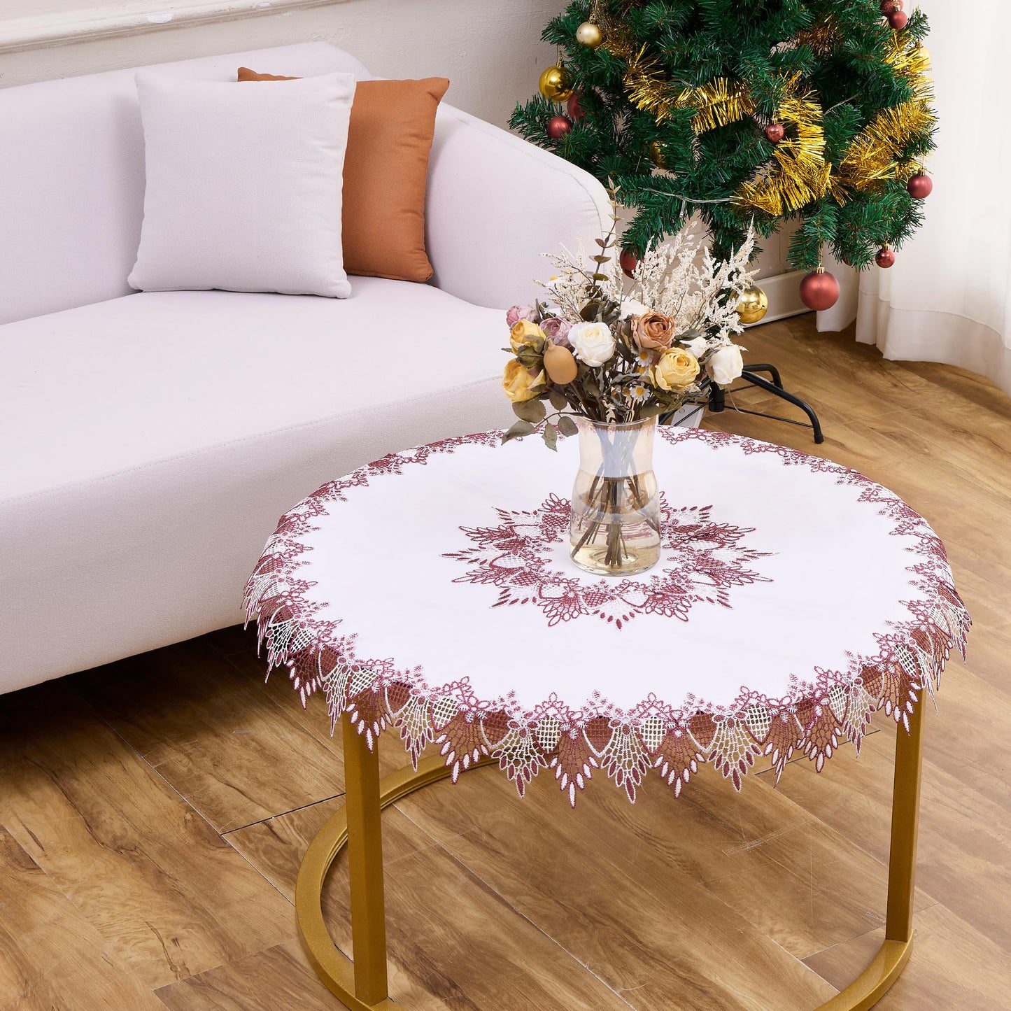 Raedan White Dark Red Linen Lace Doily 33 inches Round Coffee Table Topper Dresser Scarf Place Mats (Dark Red, 33” Round)