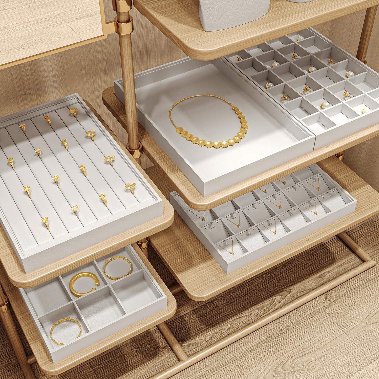 Oirlv Premium White Leather Stackable Jewelry Tray Flat Jewelry Organizer Tray for Jewelry Accessory Trade showcase