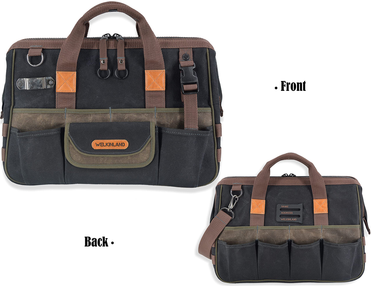 WELKINLAND 32-Pockets Waxed Canvas tool bag, Heavy-Duty Electrician tools bag, HVAC tool bags, Tool bag organizer, 16" Tools bag carrier for men, Tool bags for electricians