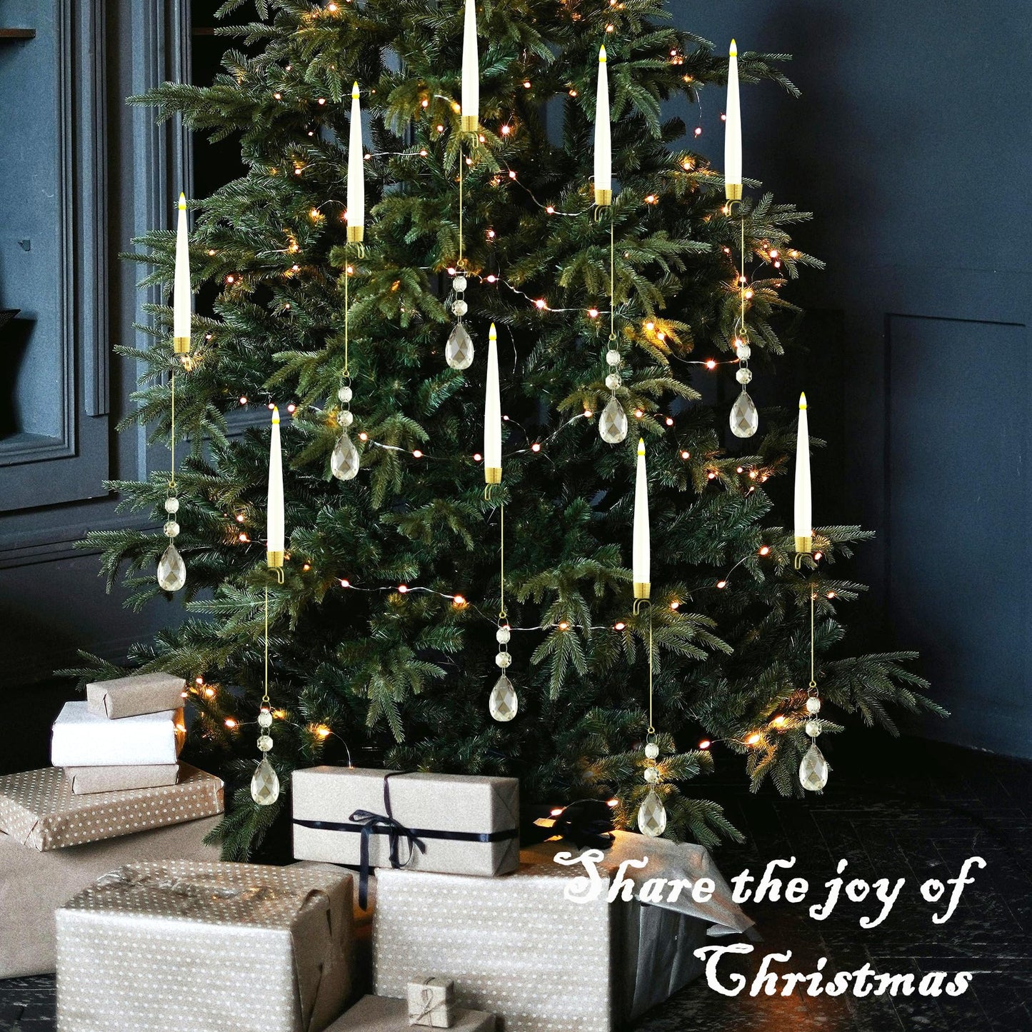 JOIONE Flameless Christmas Tree Candles with Remote, 10 Pack Battery Operated LED Candles with Suction Cup for Christmas Tree, Flickering Flame for Xmas Indoor Decor - Water Drop