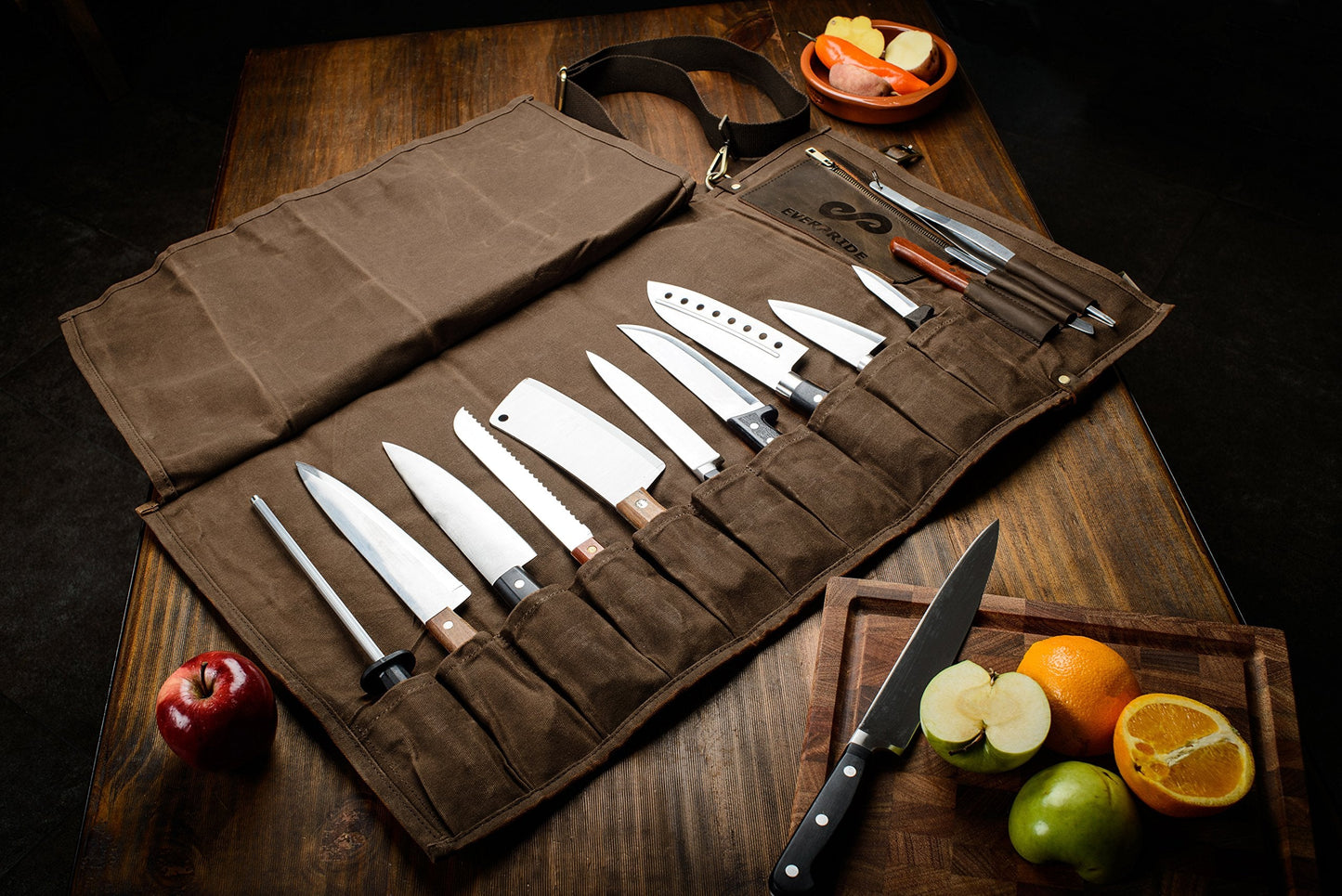 EVERPRIDE Waxed Canvas and Leather Chef Knife Roll Bag – Chef Bag Holds 10 Knives up to 15” PLUS Pocket for Cooking Accessories – Durable Knife Case for Professional Chefs – Knives Not Included