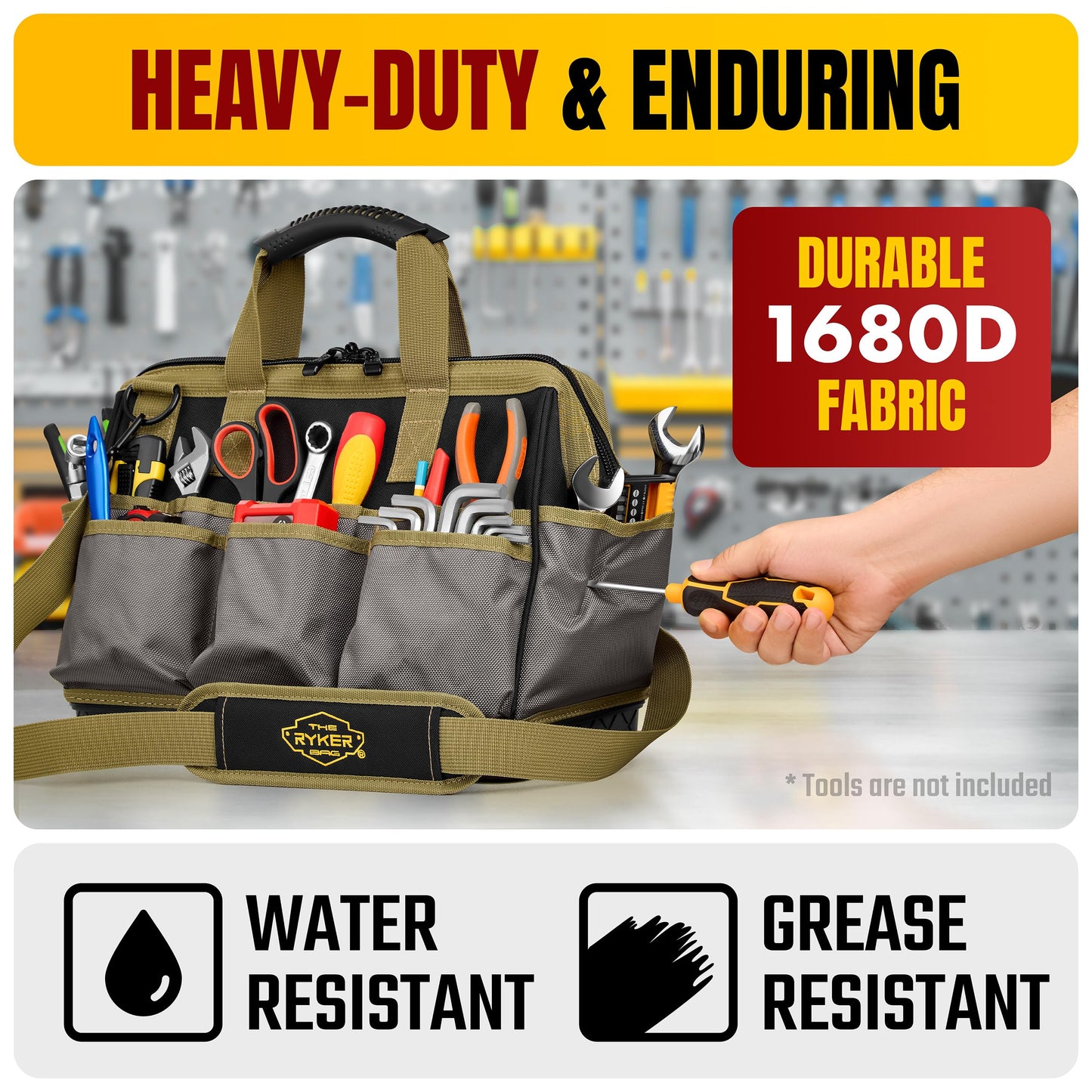 The Ryker Bag 16-inch Large Heavy Duty Wide Mouth Tool-Bag Organizer with Maximum Storage, Portable Utility Bag for Tools, Gift for Dads, Contractors, Mechanics, Technicians, Handyman & Welders