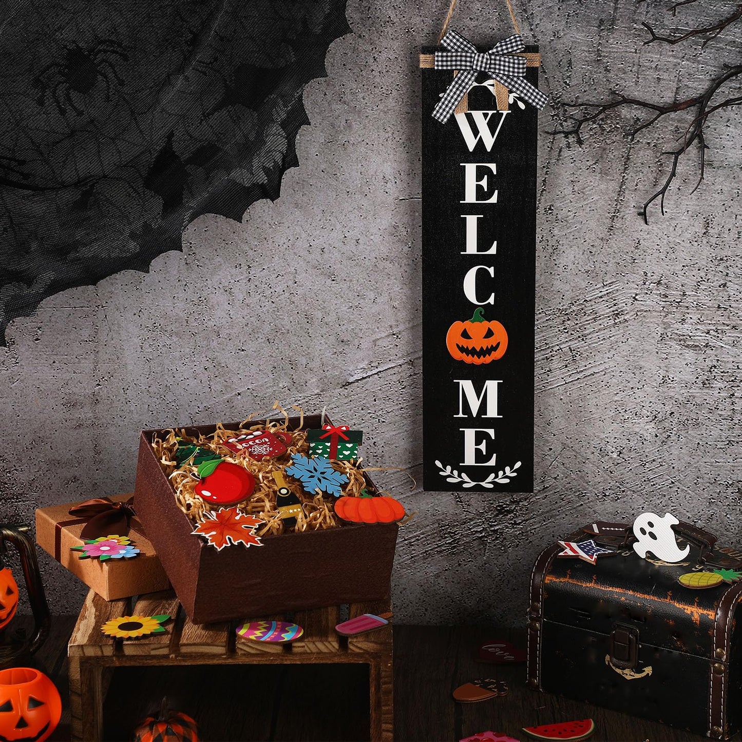 Sintuff Holiday Interchangeable Welcome Sign for Front Door Wood Porch Sign with 24 Pcs Seasonal Icons Home Farmhouse Holiday Welcome Outdoor Festival Seasonal Decoration(Black,Large)