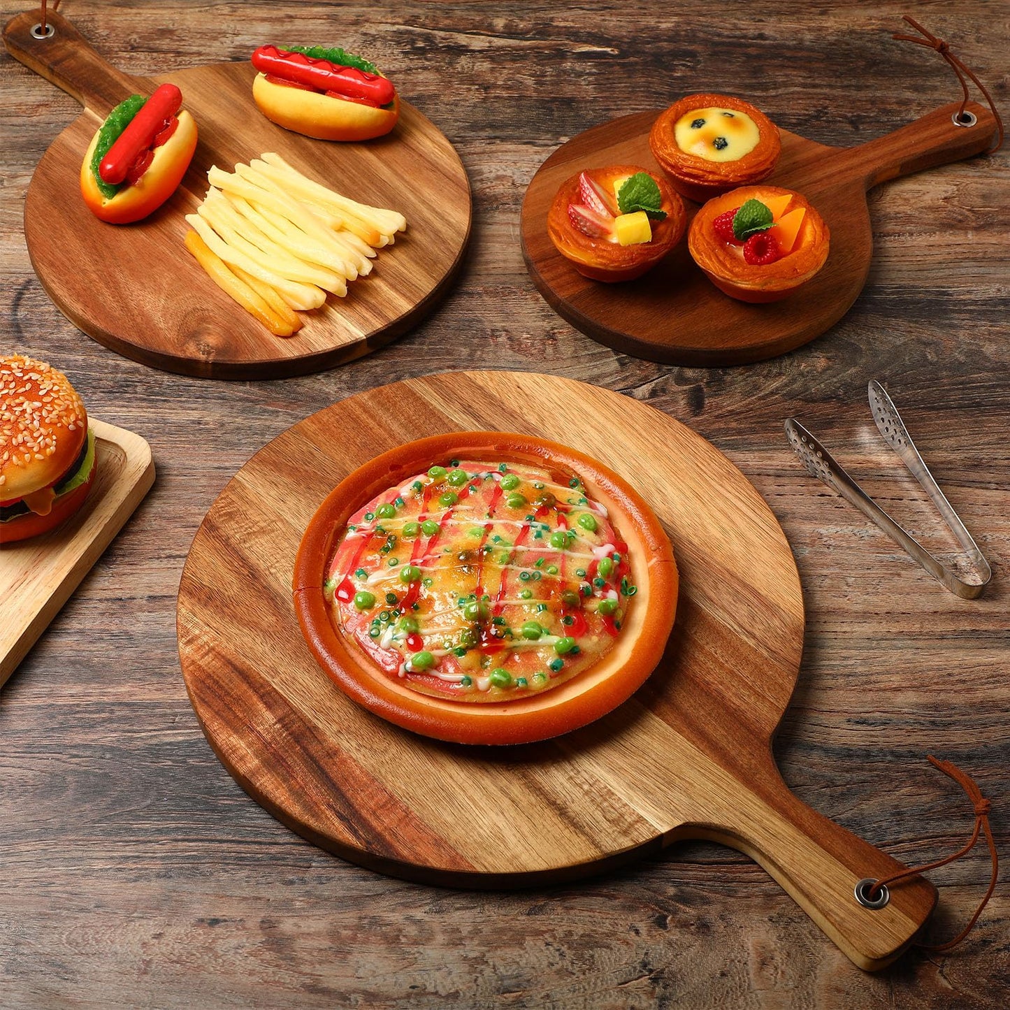 Uiifan 15 Pcs Round Acacia Wood Cutting Board Set with Handle Thick Wooden Charcuterie Board Bulk Large Paddle Chopping Set for Christmas Serving Meat Pizza Bread Baking (3 Sizes)