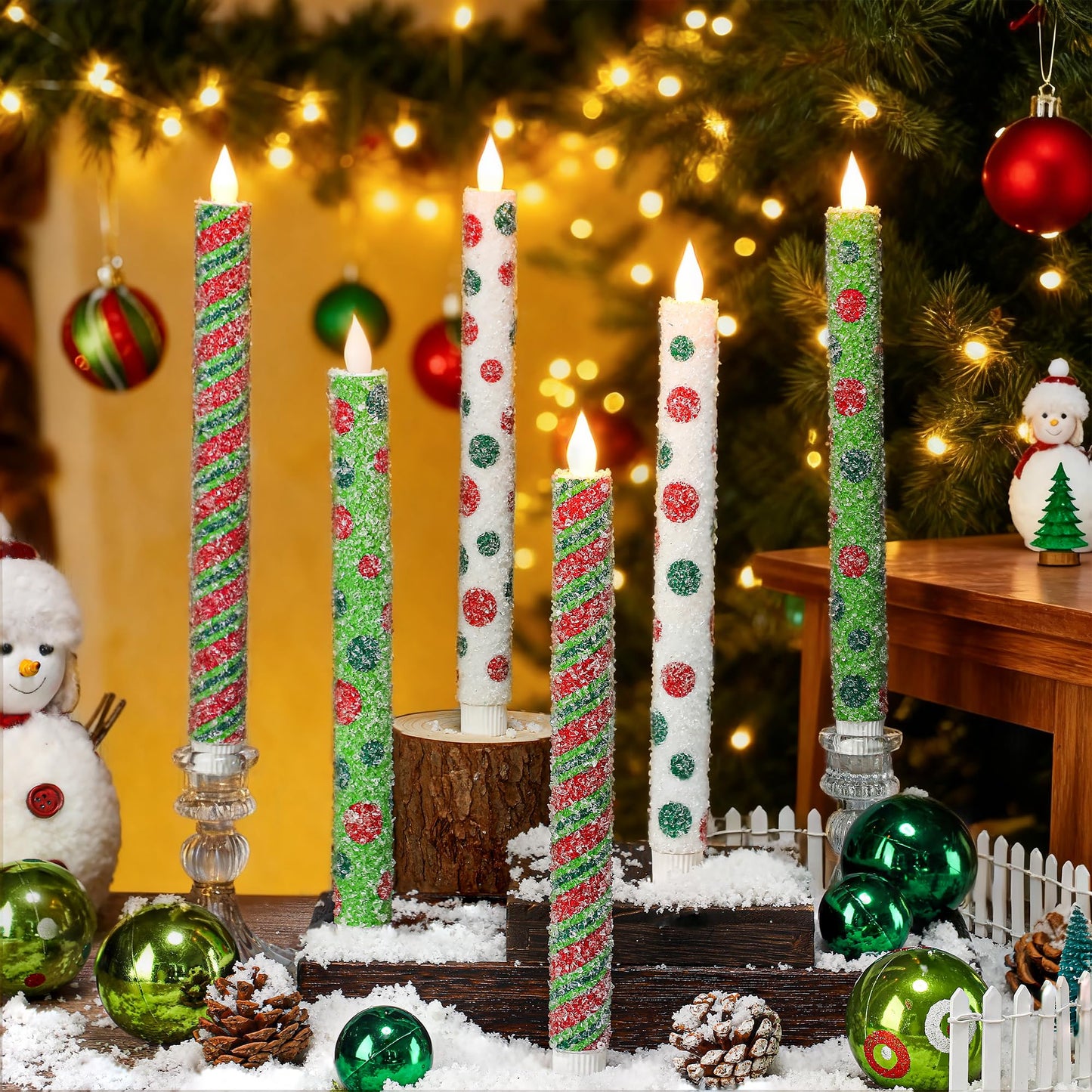 Christmas Elf Flameless Taper Candles - 6PCS Glitter Christmas Green Elf Theme Flickering LED Battery Operated Sea Salt Candles with Remote, Real Wax Party Decoration Candlesticks, Xmas Table Decor