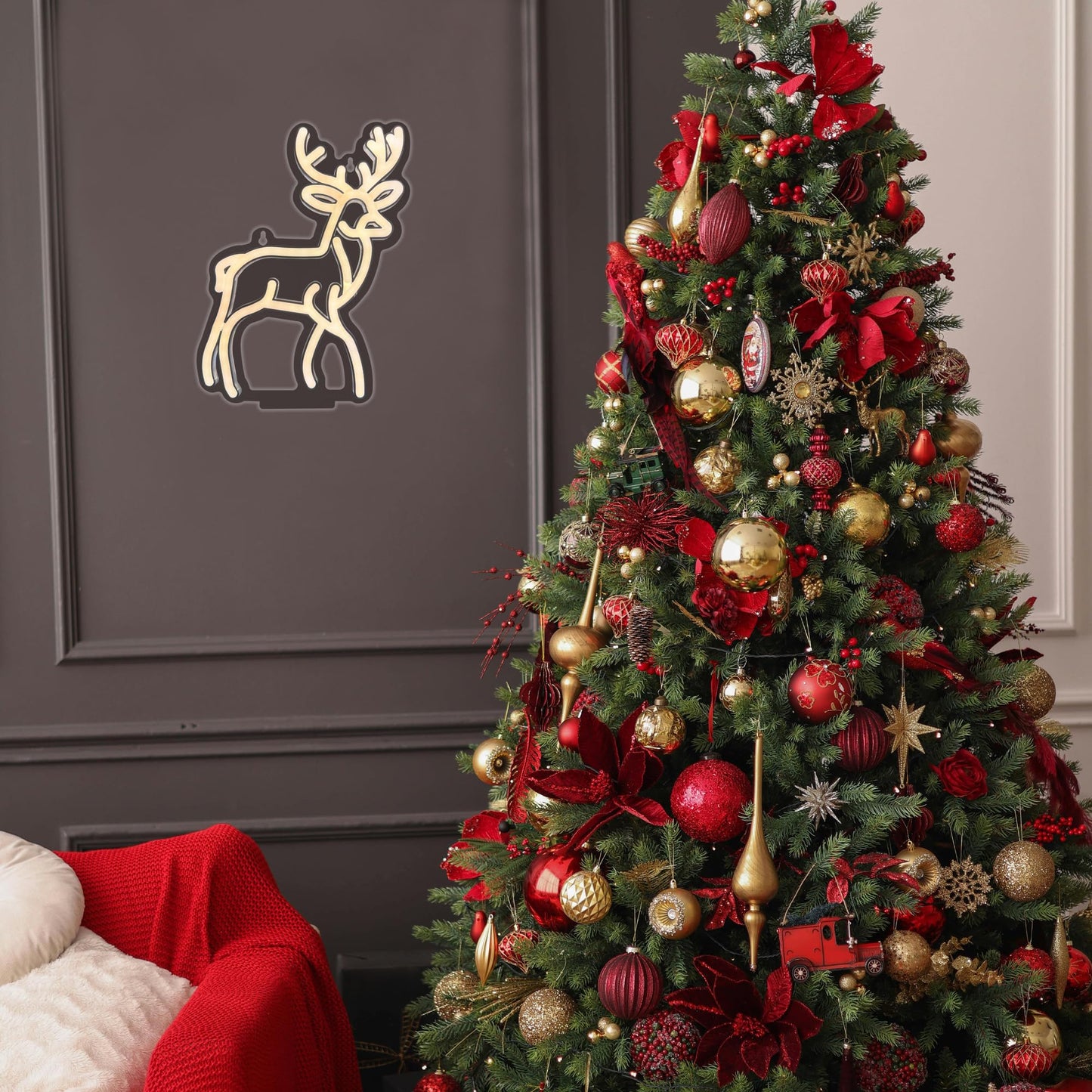 Christmas Reindeer Neon Sign,Adjustable Brightness Elk LED Neon Light Sign for Wall Decor,Deer Neon Signs USB Powered for Bedroom Xmas Eve Pub Club New Year Decor(Yellow)