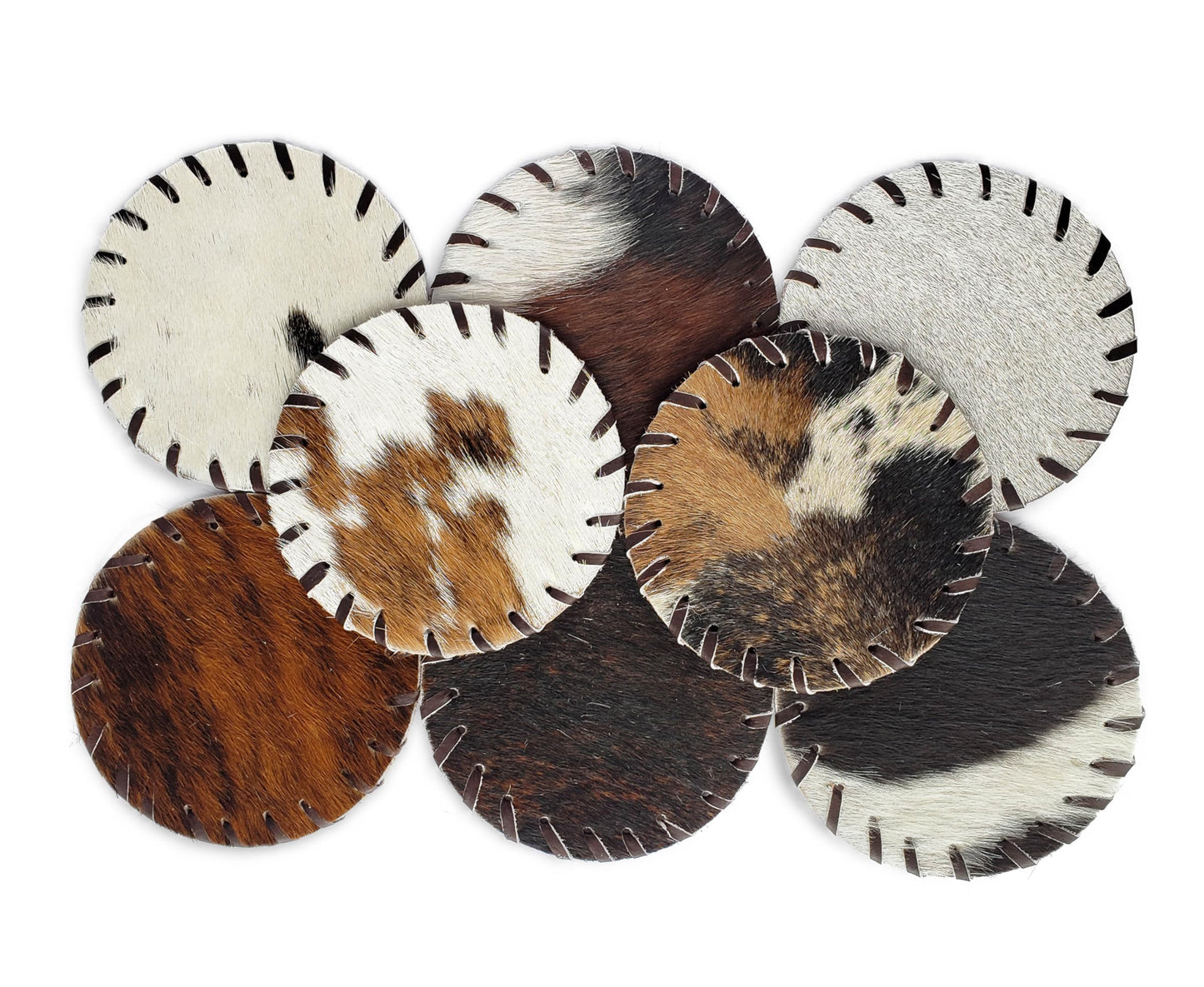 Sunshine Cowhides Natural Cowhide Coaster - 4.5" Round Assorted Tones Genuine Leather Coasters for Coffee Table, & Dining Tables, Ideal Cow Print Kitchen Accessories for Home & Office - Set of 8