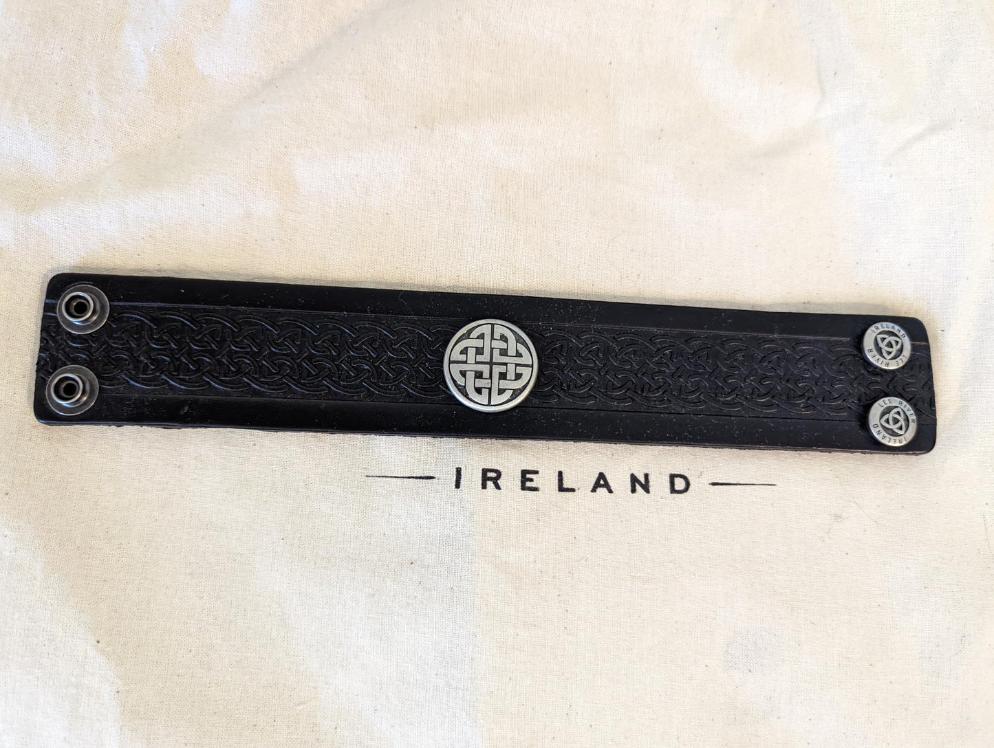 Biddy Murphy Genuine Leather Cuff Wrist Bracelet, Embossed Traditional Irish Celtic Jewelry, Soft Vegetable-Tanned Hide, Handmade, Imported, Black