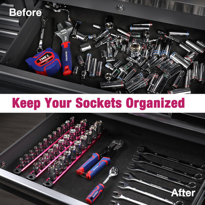 WORKPRO Magnetic Socket Organizer, 1/2-Inch Drive Aluminum Alloy Socket Rail, Heavy Duty Socket Holder, Socket Rack Kit 1/2-Inch x 10 Clips Rose Red(Socket not Included)
