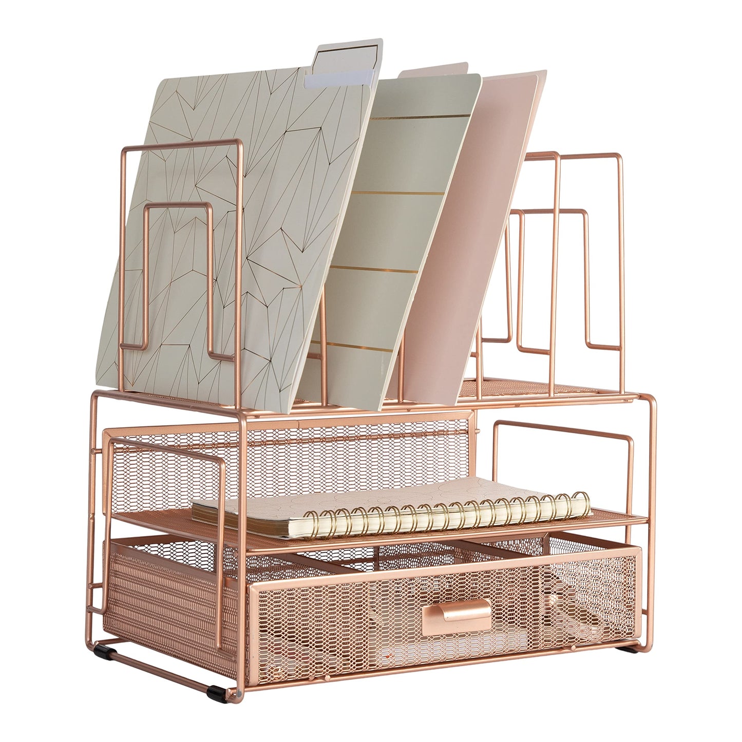 BLU MONACO | Rose Gold Desk Organizer with Drawer | Metal Desk Organizer with File Sorters and Storage Compartments | Office Desk Organizer for Paper Folders and Supplies