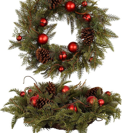 22-Inch Handcrafted Artificial Christmas Wreath with Pinecones, Red Ornaments, and Lifelike Pine Branches Winter Holiday Wreath for Front Door and Home Décor, Indoor/Outdoor Seasonal Décor
