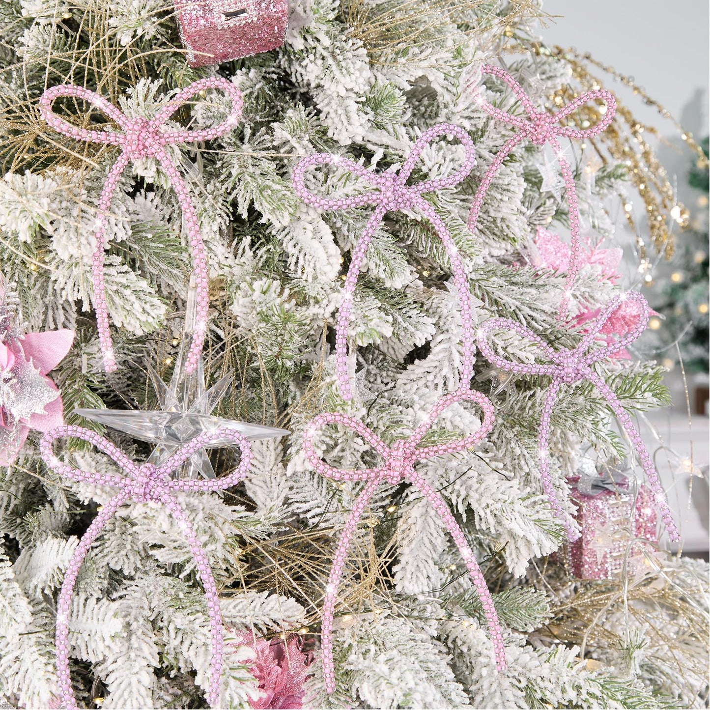 FLAIR GIFTS 6 Pcs 4.3" x 6" 2026 Christmas Bows for Decor, Mix Pink Sparkly Glitter Rhinestone Bow Ornaments with Twist Tie for Decoration, Wreath, Garland, Gift Wrapping