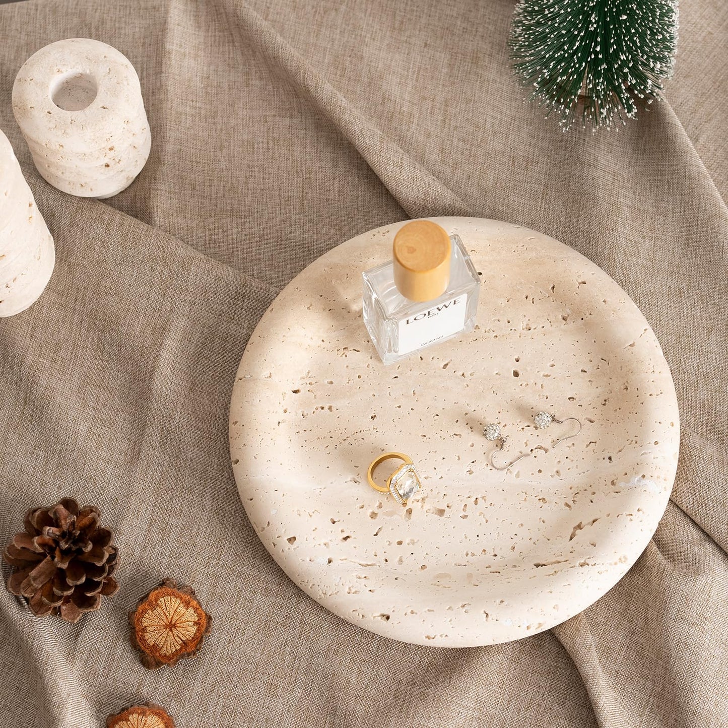 Koville Italian Round Travertine Tray, 8" Vanity Decorative Marble Tray for Countertop, Catchall for Perfume, Candles, Jewelry Dish
