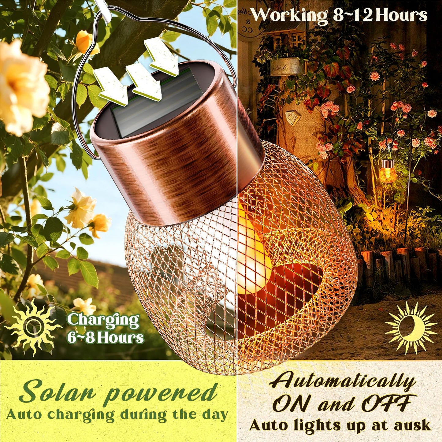 Anordsem Solar Hanging Lights Outdoor: 8 Metal Mesh Flame Lanterns with Clip - Waterproof LED Warm Lighting for Christmas Tree Yard Garden Decor - Xmas DIY Gift for Homeowners Camper