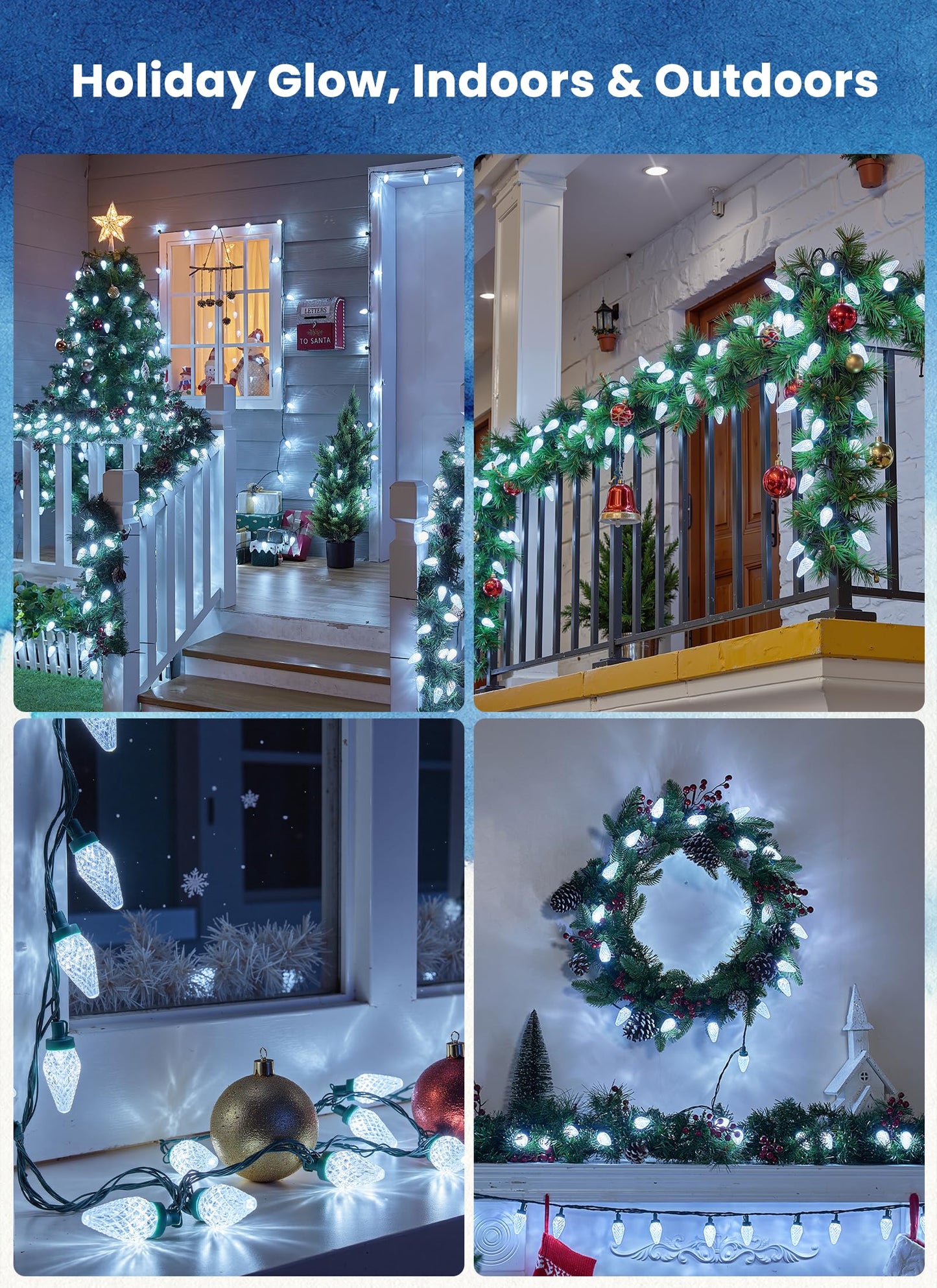 C9 Christmas Lights Outdoor, 114 Feet 150 LED C9 String Light with Timer & 8 Light Modes, Waterproof Commercial Grade Connectable Christmas Tree Lights for House Indoor Outside Roofline, Pure White