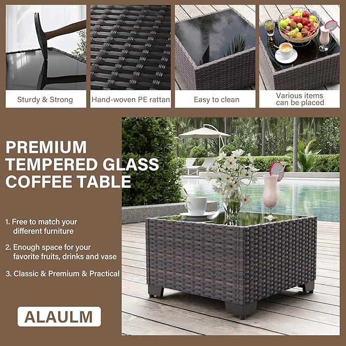 ALAULM 7 Pieces Patio Furniture Set with Coffee Table, Outdoor Sectional with Thick Cushion, All Weather Wicker Rattan Conversation Set for Backyard, Garden, Deck, Sand