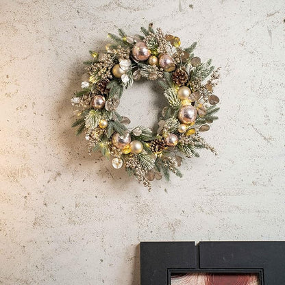 YULETIME 24" Christmas Wreath, Artificial Holiday Wreath with Baubles, Berries, Leaves, Spruce Branches, Snowy Pine Needles (Pink Bauble)
