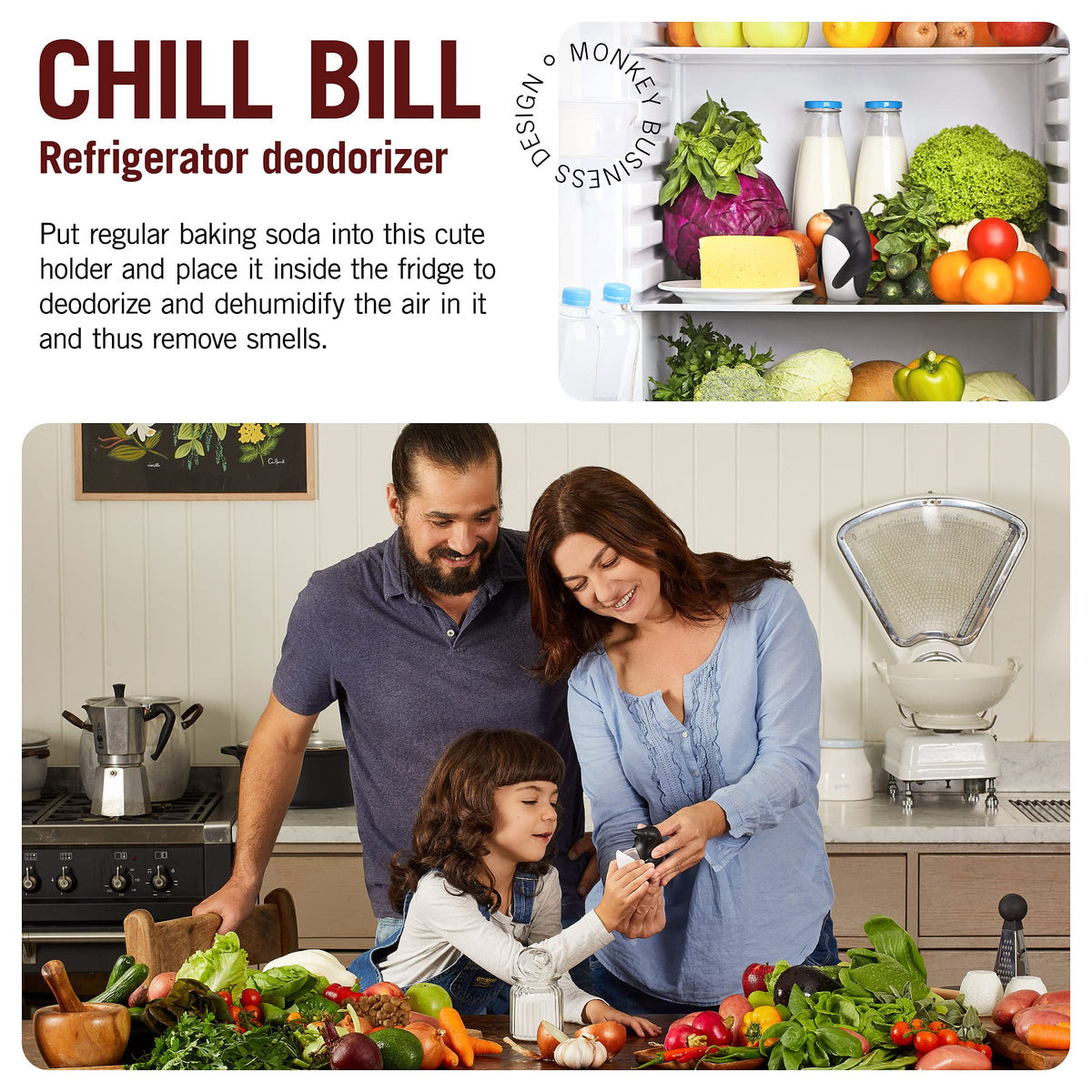 Monkey Business Chill Bill Refrigerator Deodorizer, Baking Soda Container, Baking Soda Fridge, Baking Soda Fridge Deodorizer, Cute Gifts, Kitchen Gadgets
