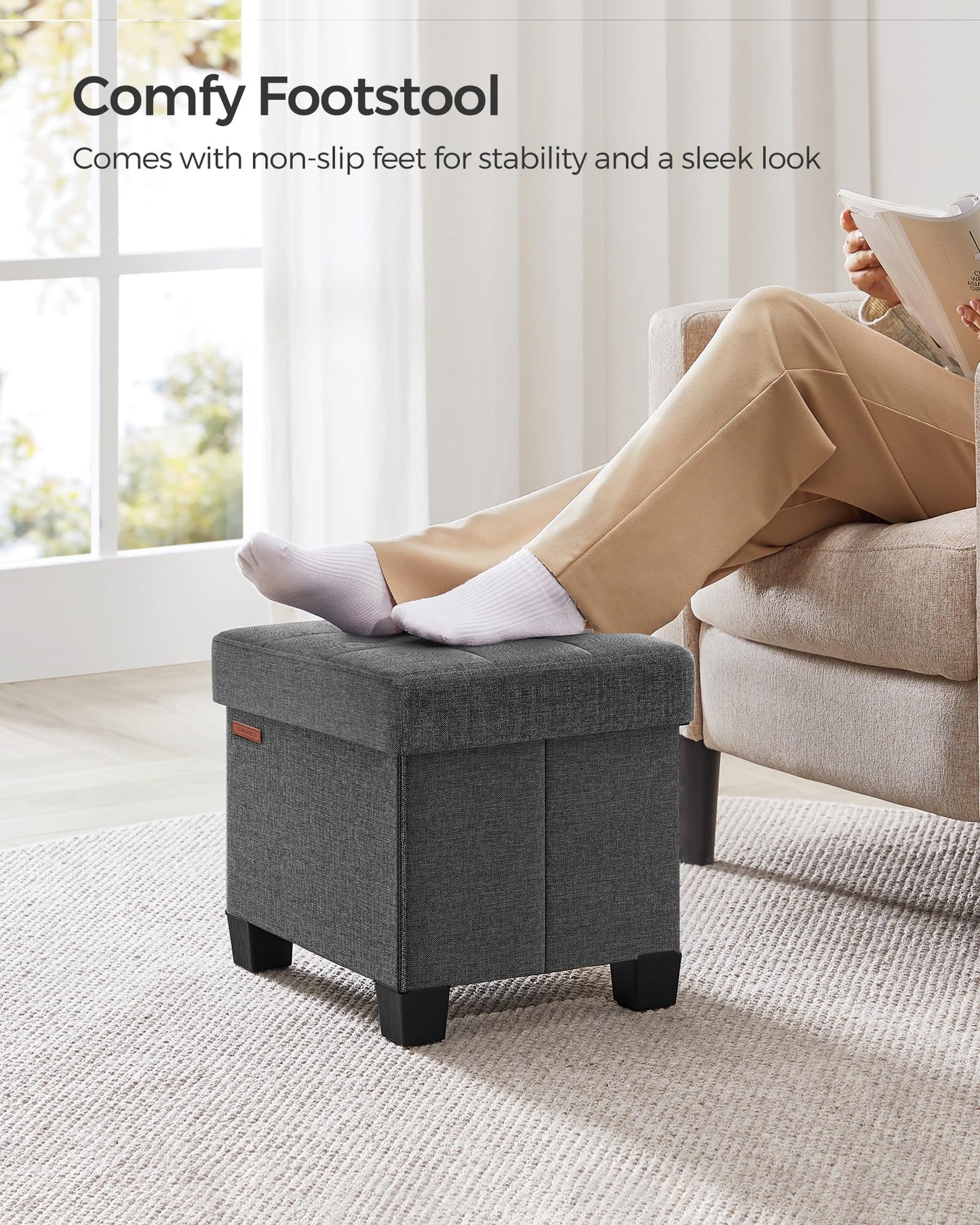 SONGMICS Storage Ottoman, Small Ottoman Foot Rest with Legs, 12.6 x 15.7 x 13.2 Inches Foot Stool, Load up to 660 lb, for Living Room, Bedroom, Dorm, Slate Gray ULSF012G01