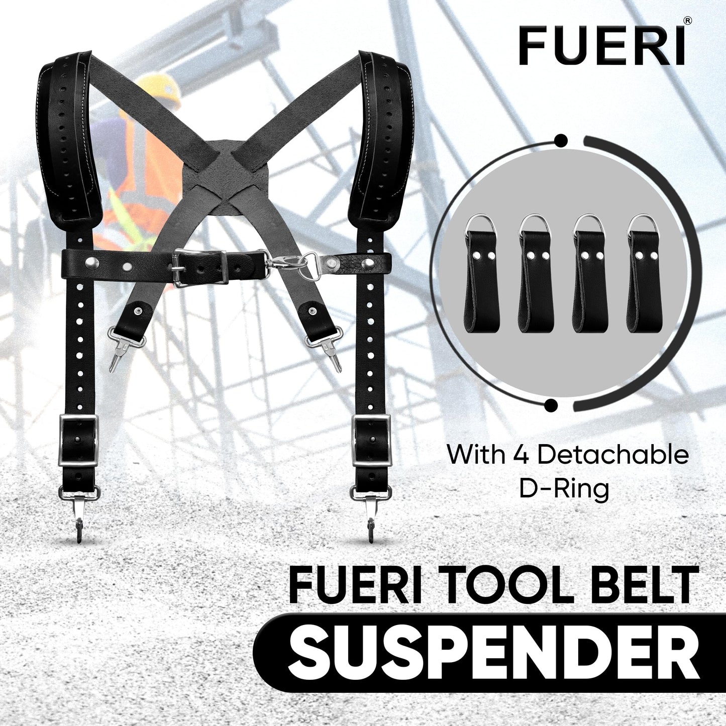 FUERI Electrician's Heavy Duty 26 Pocket Leather-Nylon Tool Belt & Suspender Combo, Comfort Back Support Padded Belt, 2 Large Storage Capacity Pouches, Best for Framers, Carpenter, Roofing